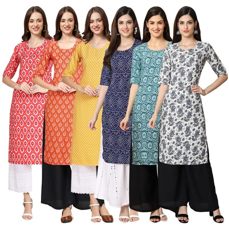 Pinkmint Women's Crepe Digital Print Straight Kurta [Pack Of 6](Mv-346-354-350-375-378-357-L)