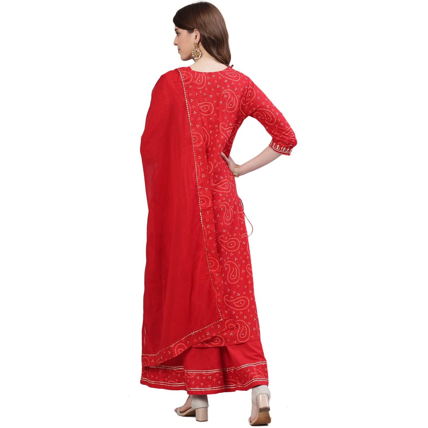Ishin Women's Pure Cotton Straight Embroidered Aari Work Bandhani Print Red Kurta Suit Set With Sharara Xykplpmre-5084D_M_Red