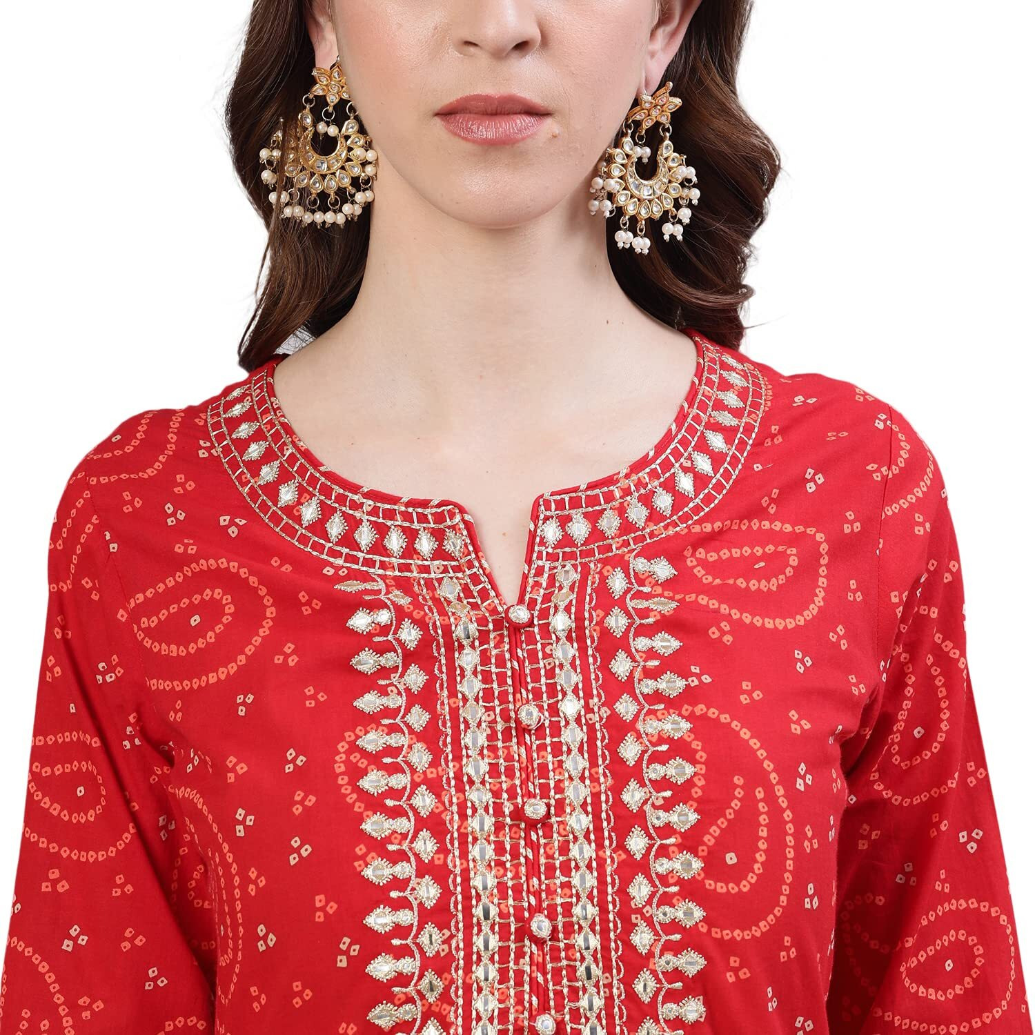 Ishin Women's Pure Cotton Straight Embroidered Aari Work Bandhani Print Red Kurta Suit Set With Sharara Xykplpmre-5084D_M_Red