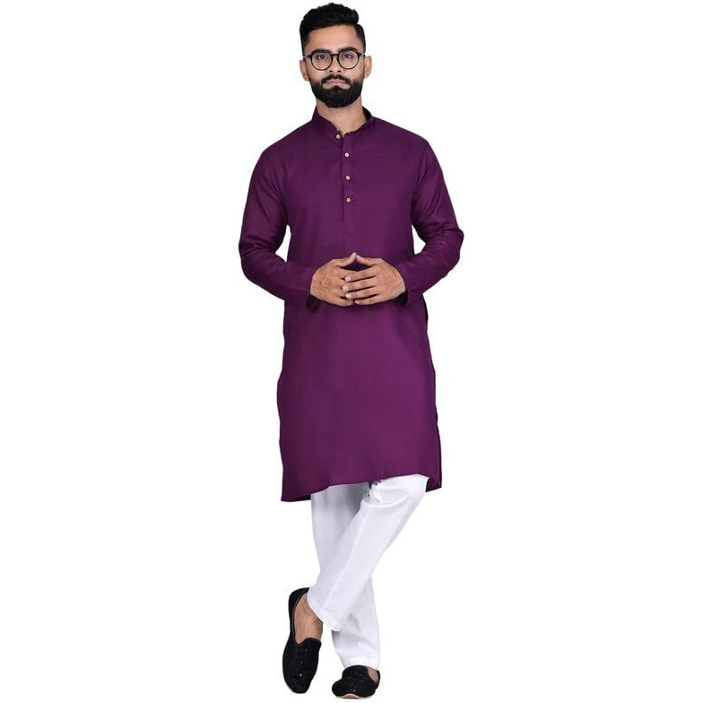 Pinkmint Kurta For Men Cotton Mandarin Collar Long Sleeve Soild Traditional Kurta