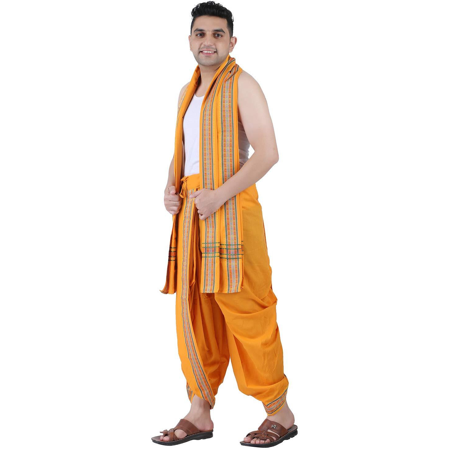 Prakasam Cotton Men's Stitched Panchakacham (Ready To Wear) Dhoti Towel Set With Pocket- Free Size (Mango)