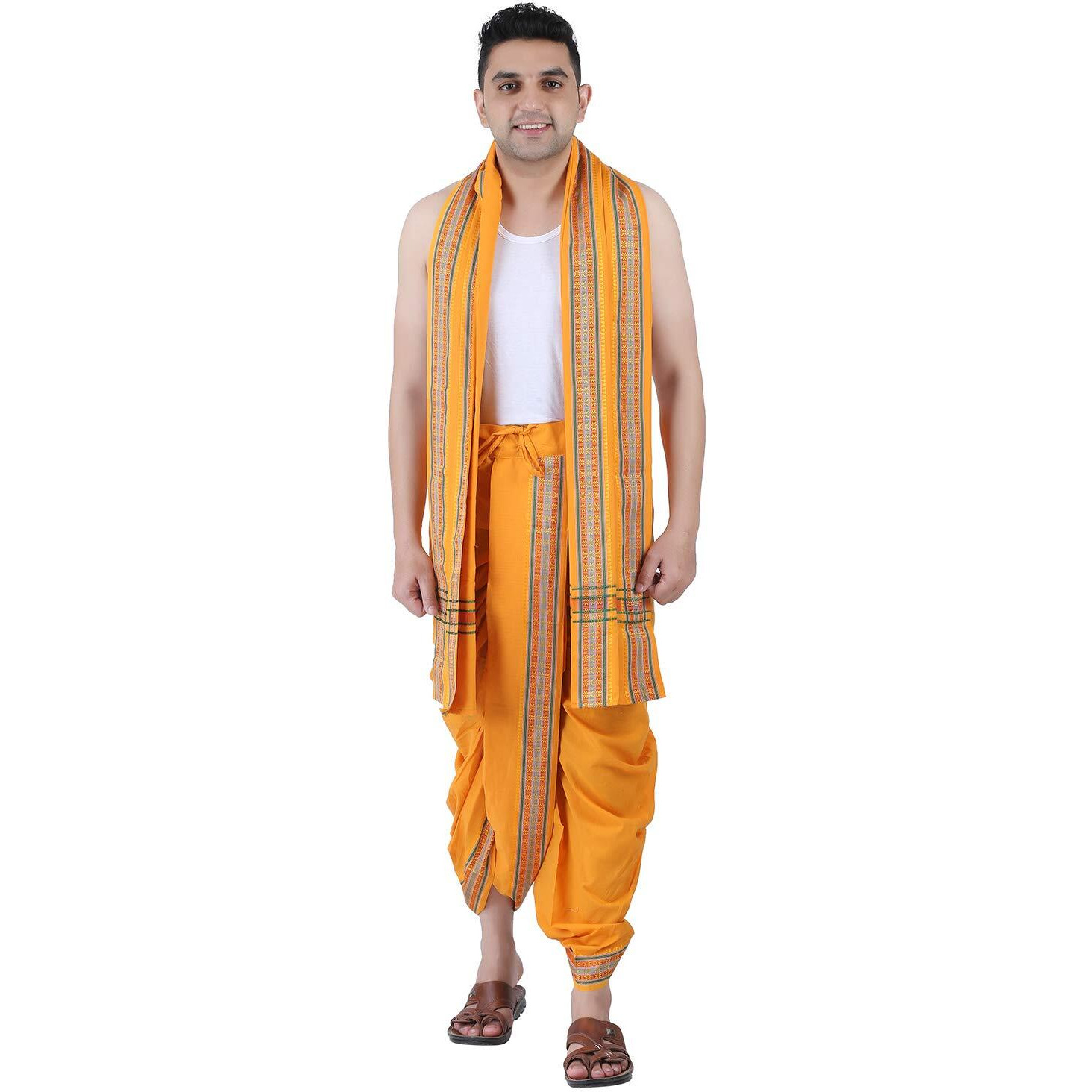 Prakasam Cotton Men's Stitched Panchakacham (Ready To Wear) Dhoti Towel Set With Pocket- Free Size (Mango)