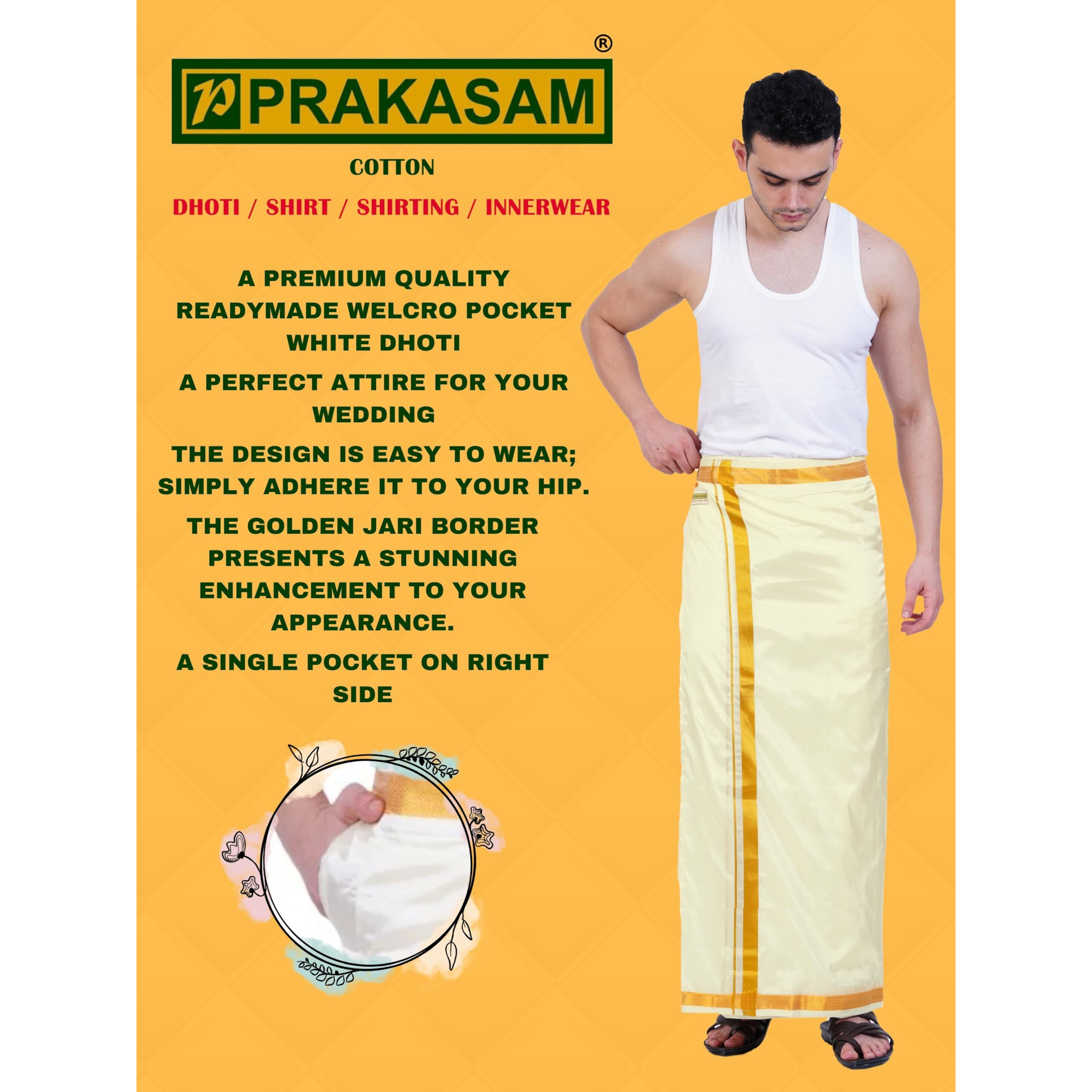 Prakasam Cotton Mens Double Layers Art Silk - Welcro Pocket Dhoti For Mens (Cream, 46)