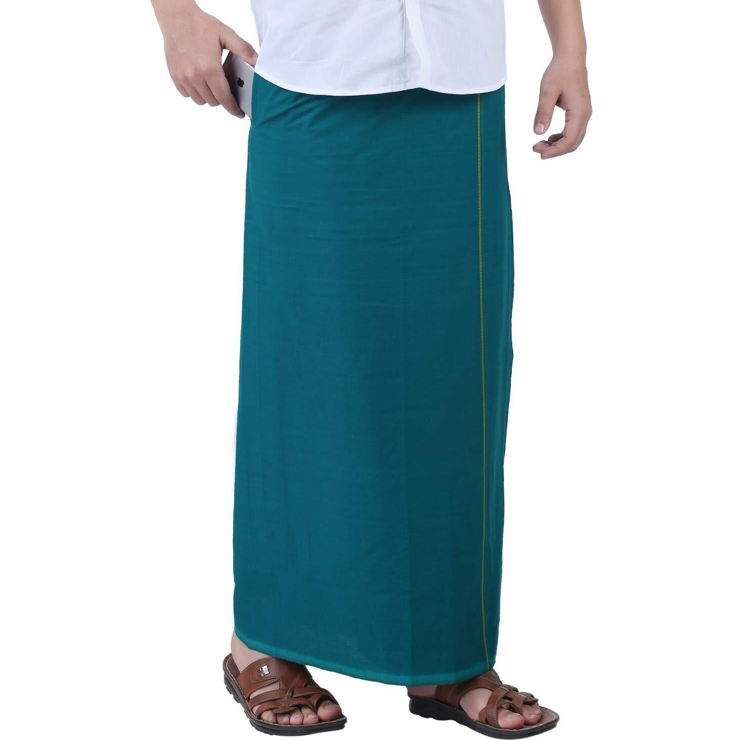 Prakasam Cotton Mens Green Colour Flexi Size Welcro Pocket Dhoti (Green-)- Medium