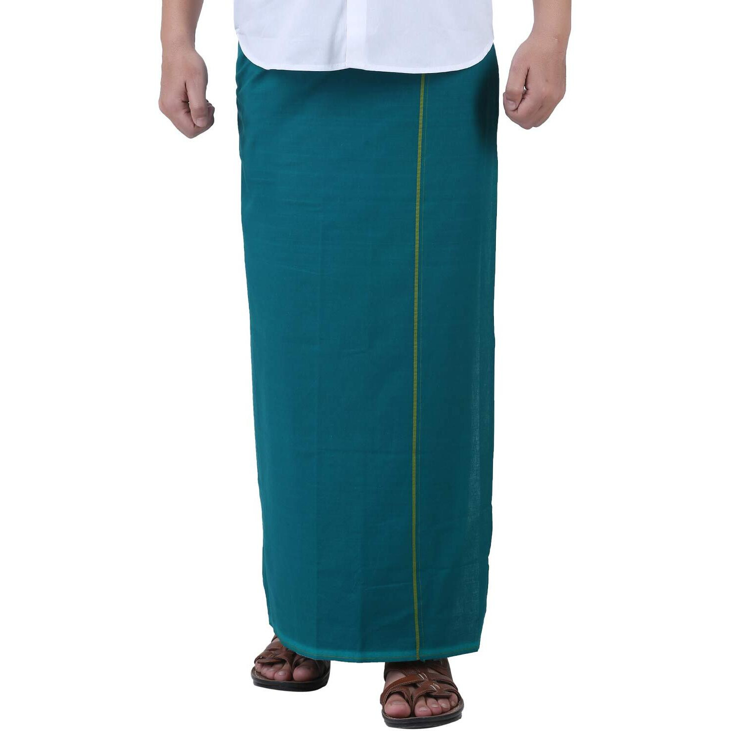 Prakasam Cotton Mens Green Colour Flexi Size Welcro Pocket Dhoti (Green-)- Medium