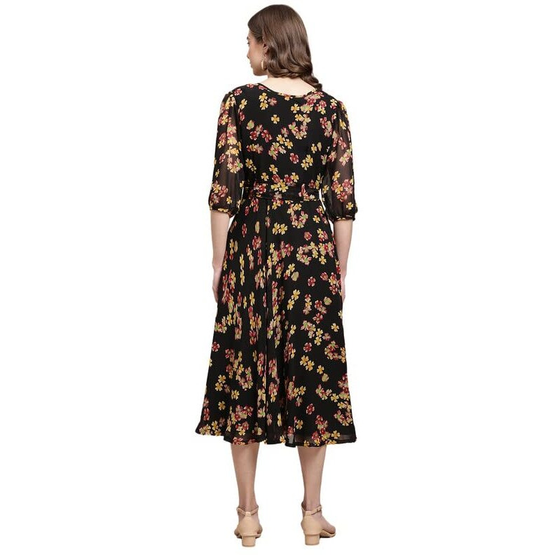 Preneum Women's Maxi Fit & Flare Latest Style Print Georgette Regular Sleeves Casual Maxi Dress || Summer Dress Festival & Occasion, Black, Xl