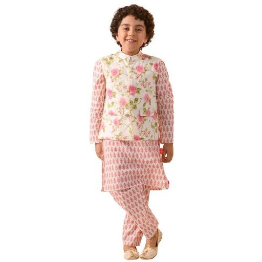 Pspeaches Boys Floral Printed Regular Pure Cotton Kurta With Pyjamas And Nehru Jaket
