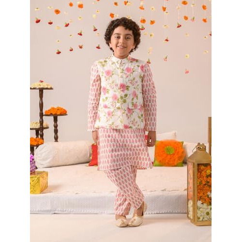 Pspeaches Boys Floral Printed Regular Pure Cotton Kurta With Pyjamas And Nehru Jaket