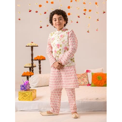 Pspeaches Boys Floral Printed Regular Pure Cotton Kurta With Pyjamas And Nehru Jaket