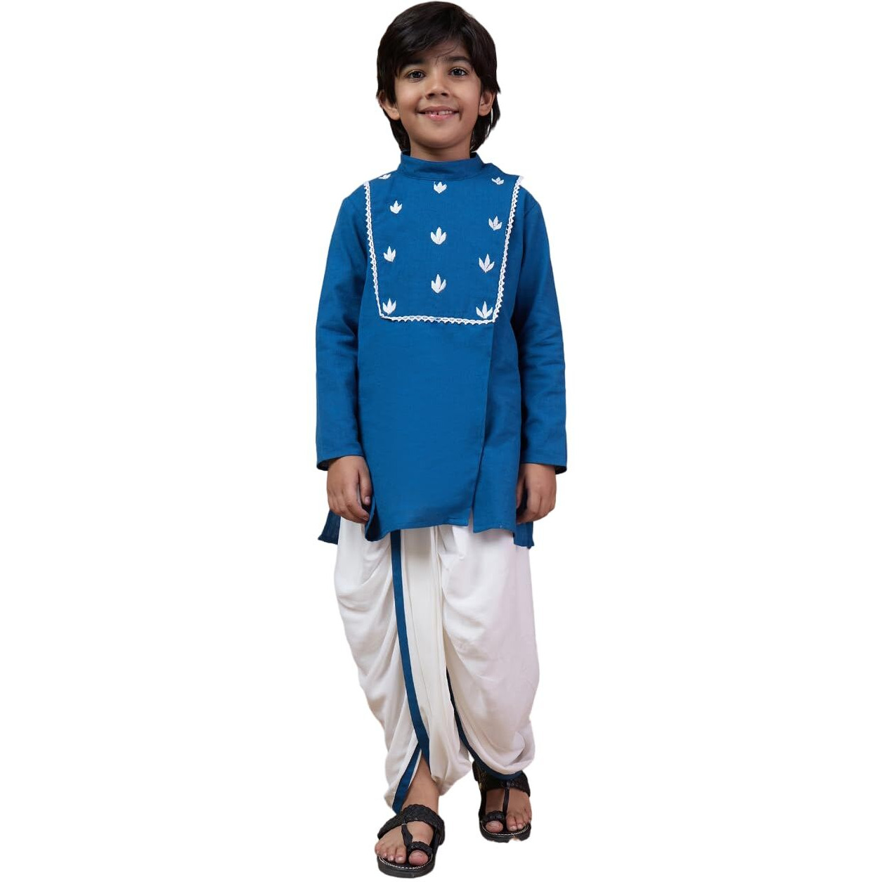 Pspeaches Boys Mandarin Collar Floral Yoke Design Regular Thread Work Kurta With Dhoti Pants (10-12Years)