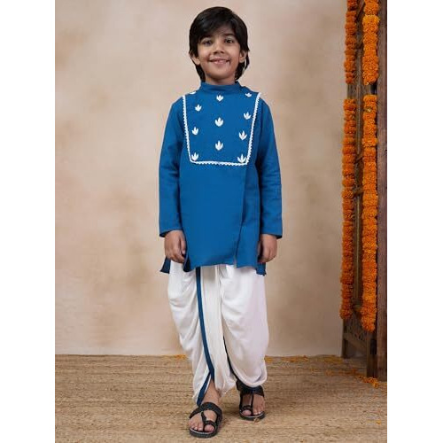 Pspeaches Boys Mandarin Collar Floral Yoke Design Regular Thread Work Kurta With Dhoti Pants (10-12Years)