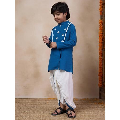 Pspeaches Boys Mandarin Collar Floral Yoke Design Regular Thread Work Kurta With Dhoti Pants (10-12Years)