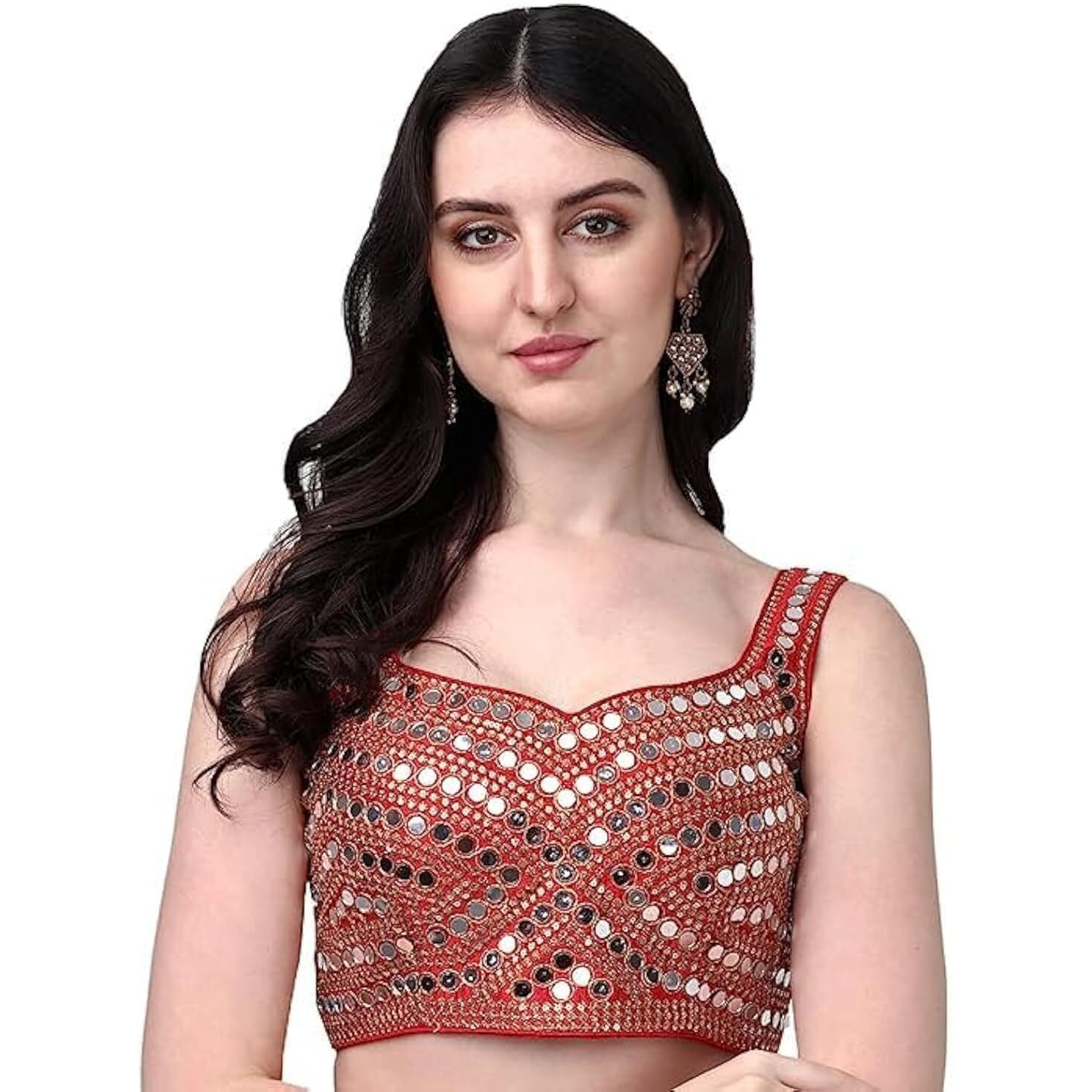 Pujia Mills Women's Multicolor Heavy Phantom Silk Thread Zari And Sequence Work And Real Mirror Hand Work Readymade Saree Blouse (Sleeves Attached Inside) (Kanchi Blouse_Red_38 Size+ Margin)