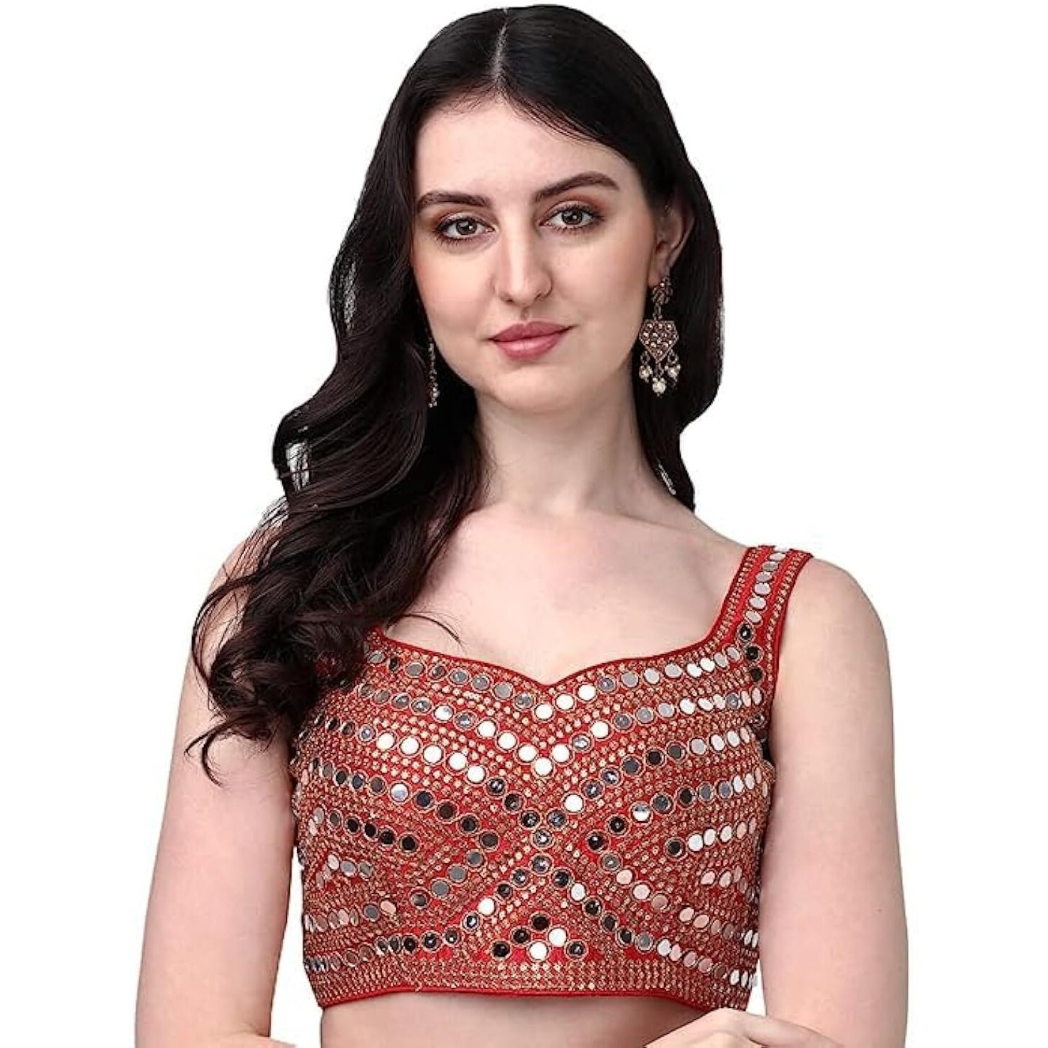 Pujia Mills Women's Multicolor Heavy Phantom Silk Thread Zari And Sequence Work And Real Mirror Hand Work Readymade Saree Blouse (Sleeves Attached Inside) (Kanchi Blouse_Red_38 Size+ Margin)