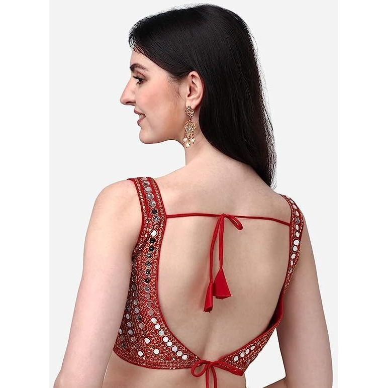 Pujia Mills Women's Multicolor Heavy Phantom Silk Thread Zari And Sequence Work And Real Mirror Hand Work Readymade Saree Blouse (Sleeves Attached Inside) (Kanchi Blouse_Red_38 Size+ Margin)