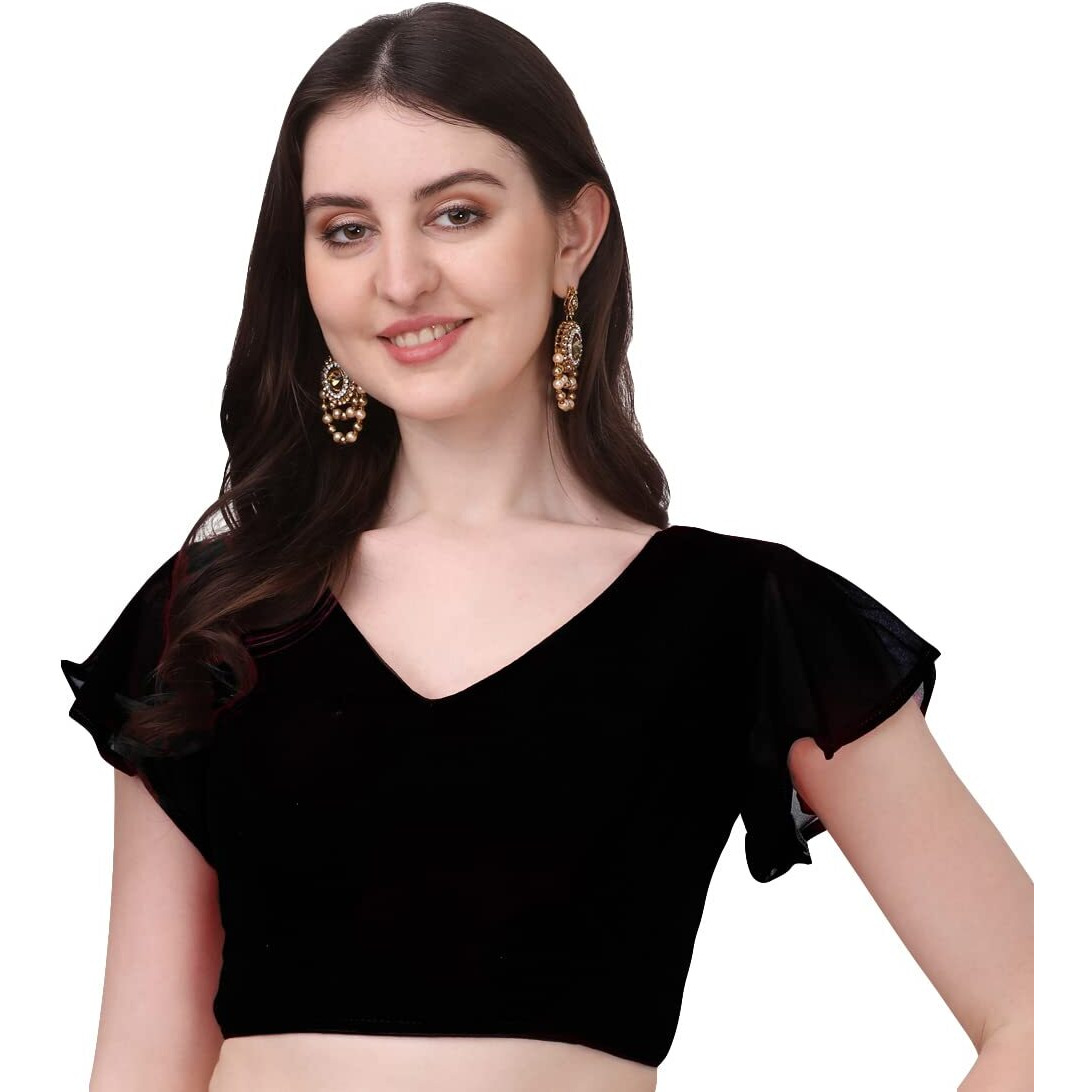 Pujia Mills Women's Georgette Bell Sleeve Readymade Saree Blouse (3003_Black_38)