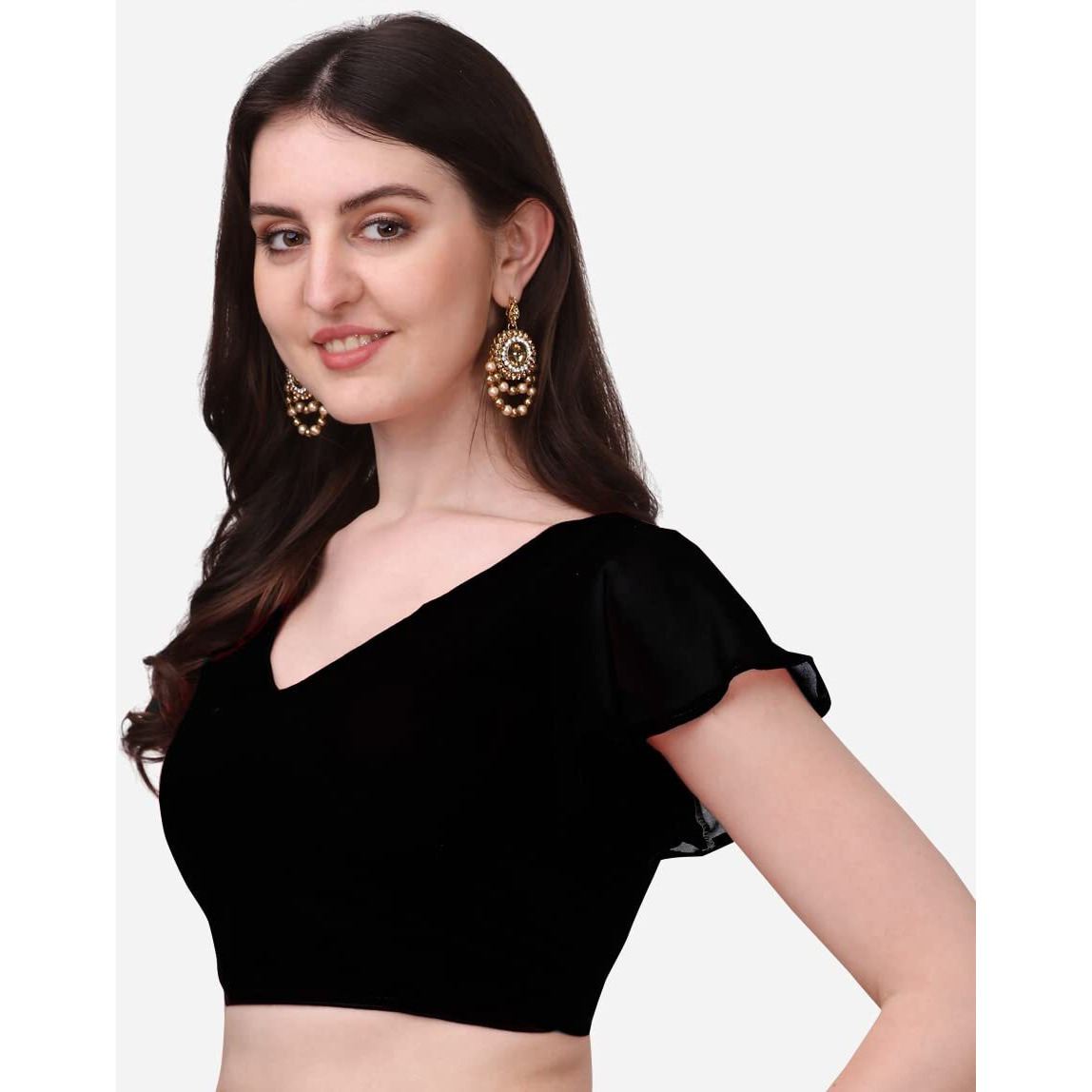 Pujia Mills Women's Georgette Bell Sleeve Readymade Saree Blouse (3003_Black_38)