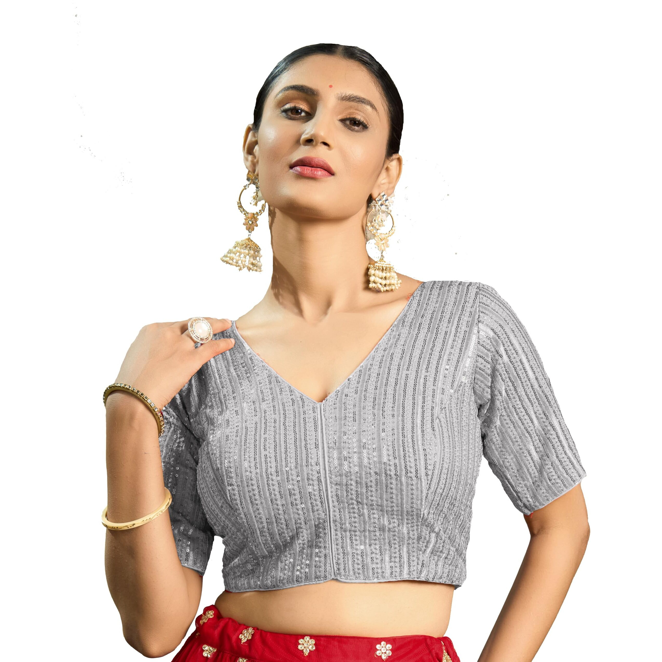 Pujia Mills Women's Indian Ethnic Wear Designer Silver Sequence With Matching Embroidered Work V Neck Half Sleeve Readymade Padded Saree Blouse Readymade Unique Silver Color Saree Blouse