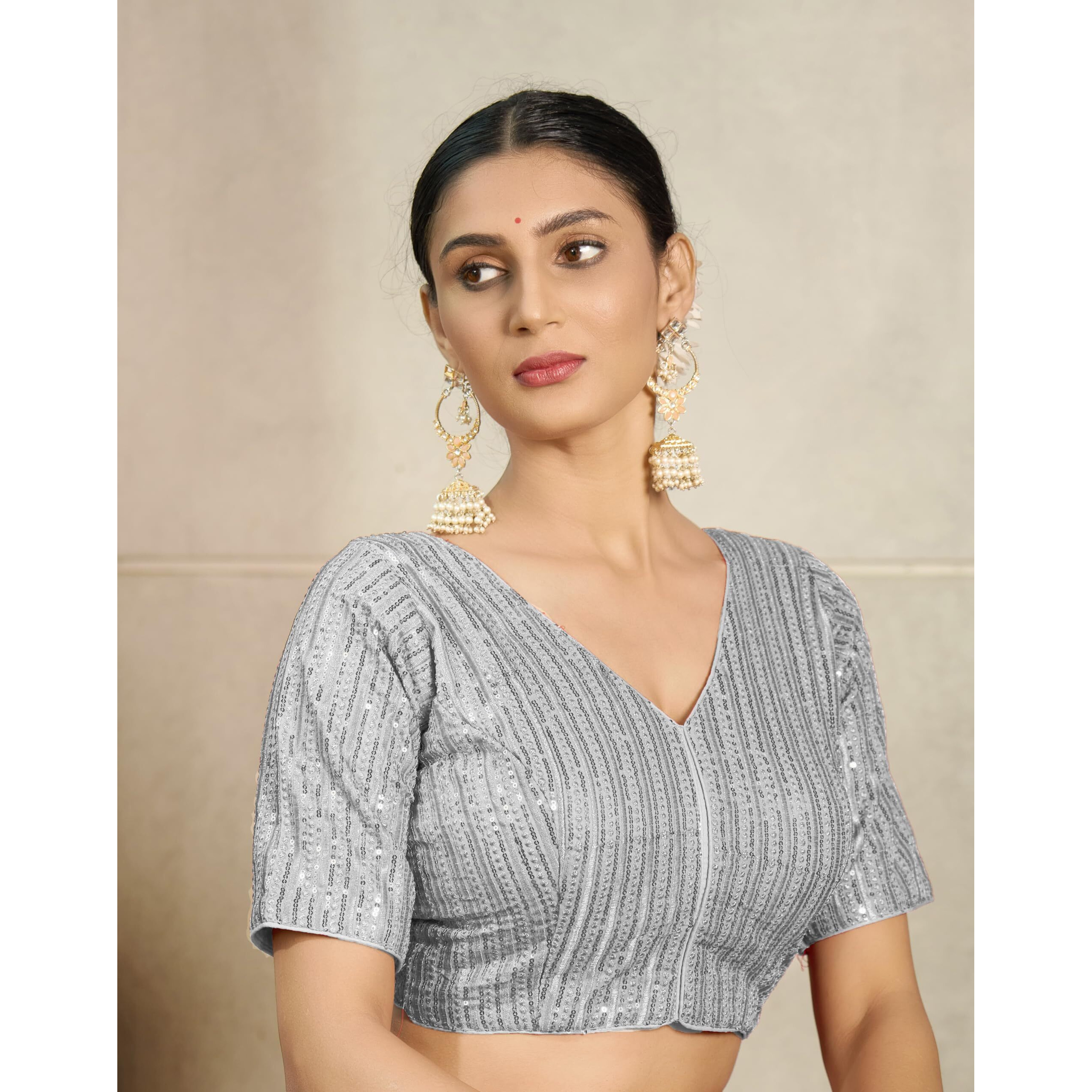 Pujia Mills Women's Indian Ethnic Wear Designer Silver Sequence With Matching Embroidered Work V Neck Half Sleeve Readymade Padded Saree Blouse Readymade Unique Silver Color Saree Blouse
