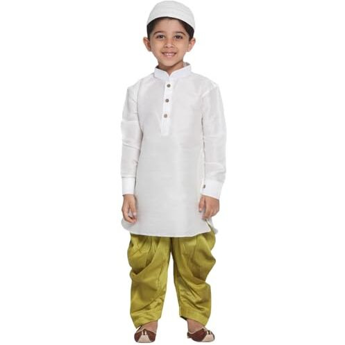 Jbn Creation Boys' White And Chutney Green Silk Blend Kurta And Dhoti Set