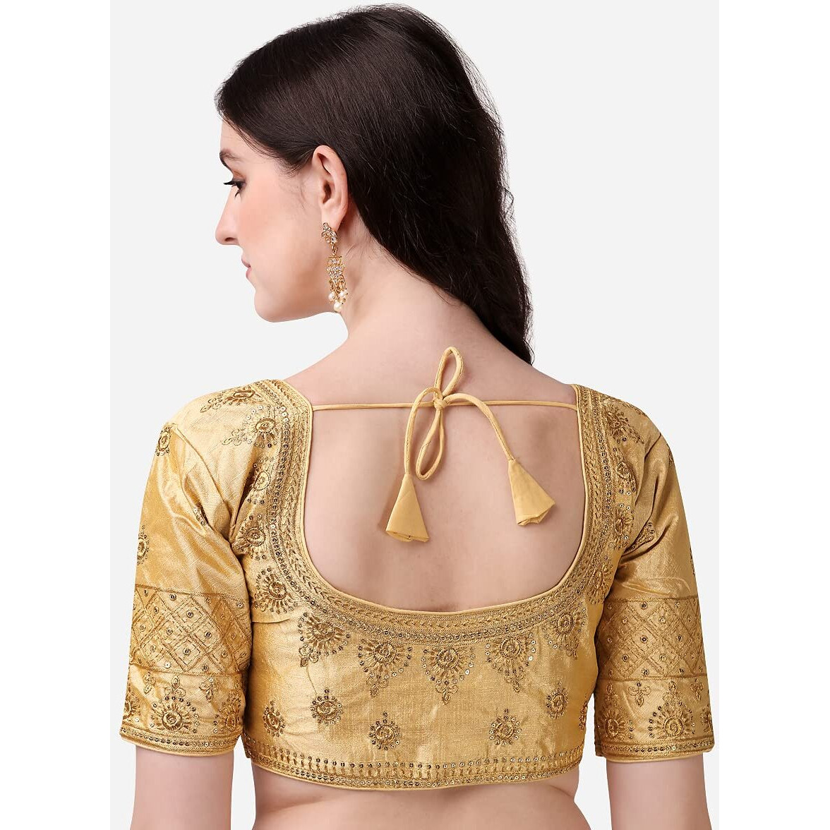 Pujia Mills Women's Silk Embroidery Coding Multi Work Readymade Saree Blouse(Suraj Gold_38)