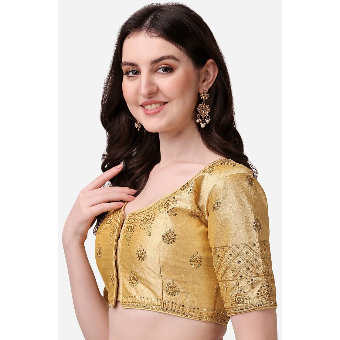 Pujia Mills Women's Silk Embroidery Coding Multi Work Readymade Saree Blouse(Suraj Gold_38)