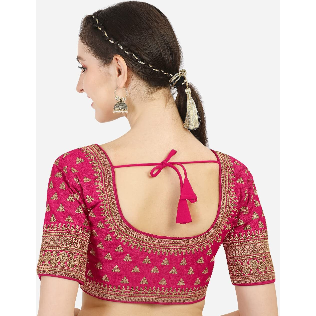 Pujia Mills Women's Silk Embroidery Sequins Work Readymade Saree Blouse