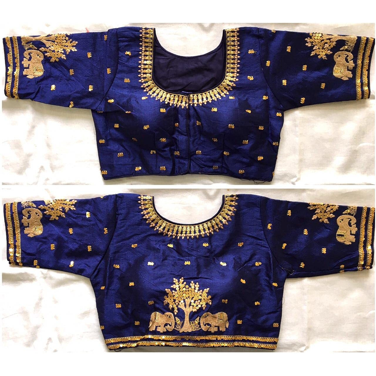 Pujia Mills Women's Multicolor Phantom Silk Heavy Elephant Gold Thread Embroidery Sequins Zari Work Half Sleeves Readymade Saree Blouse (38 Size +Margin)