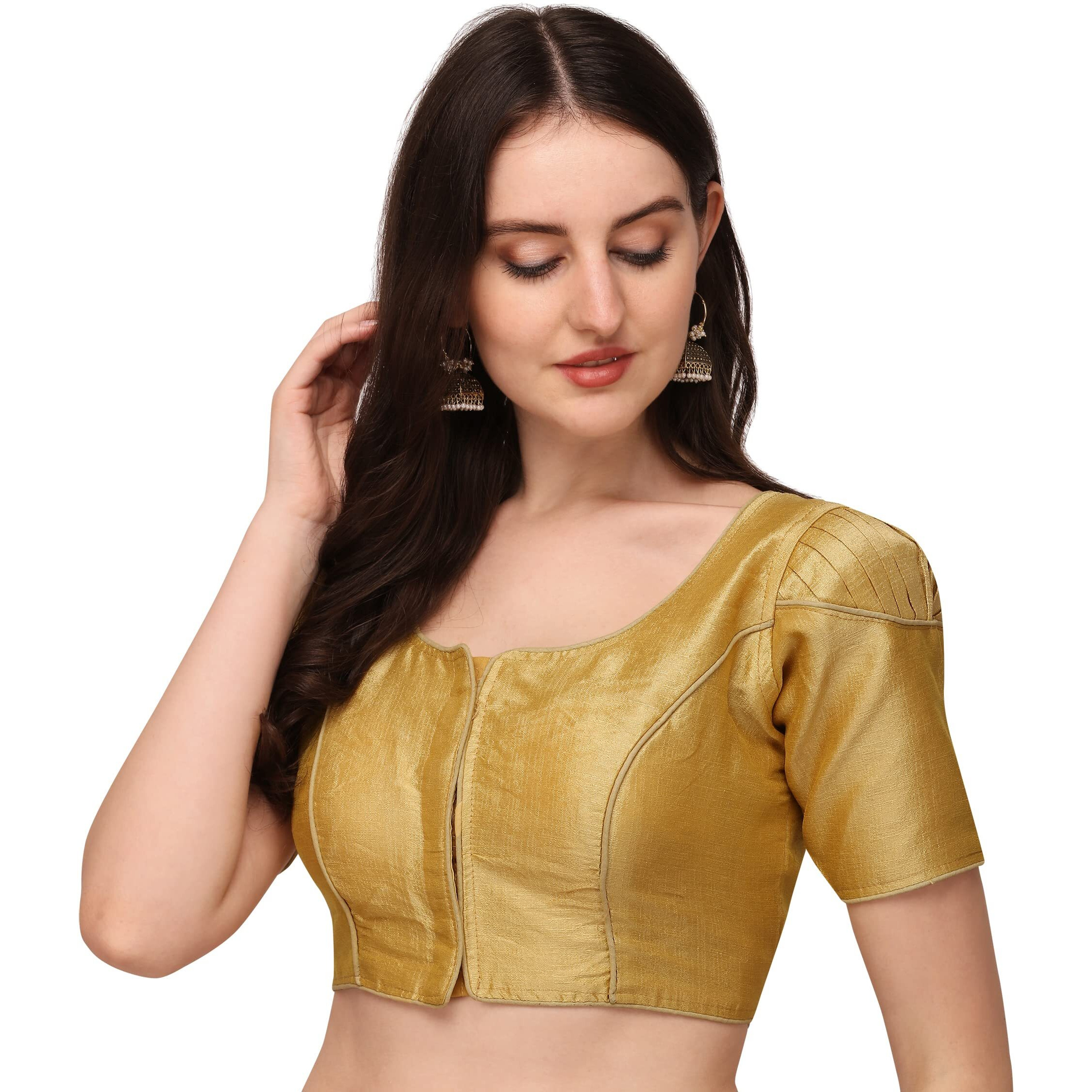 Pujia Mills Women's Silk Solid Half Sleeve Blouse (Tulip Chiku_Chiku_38)