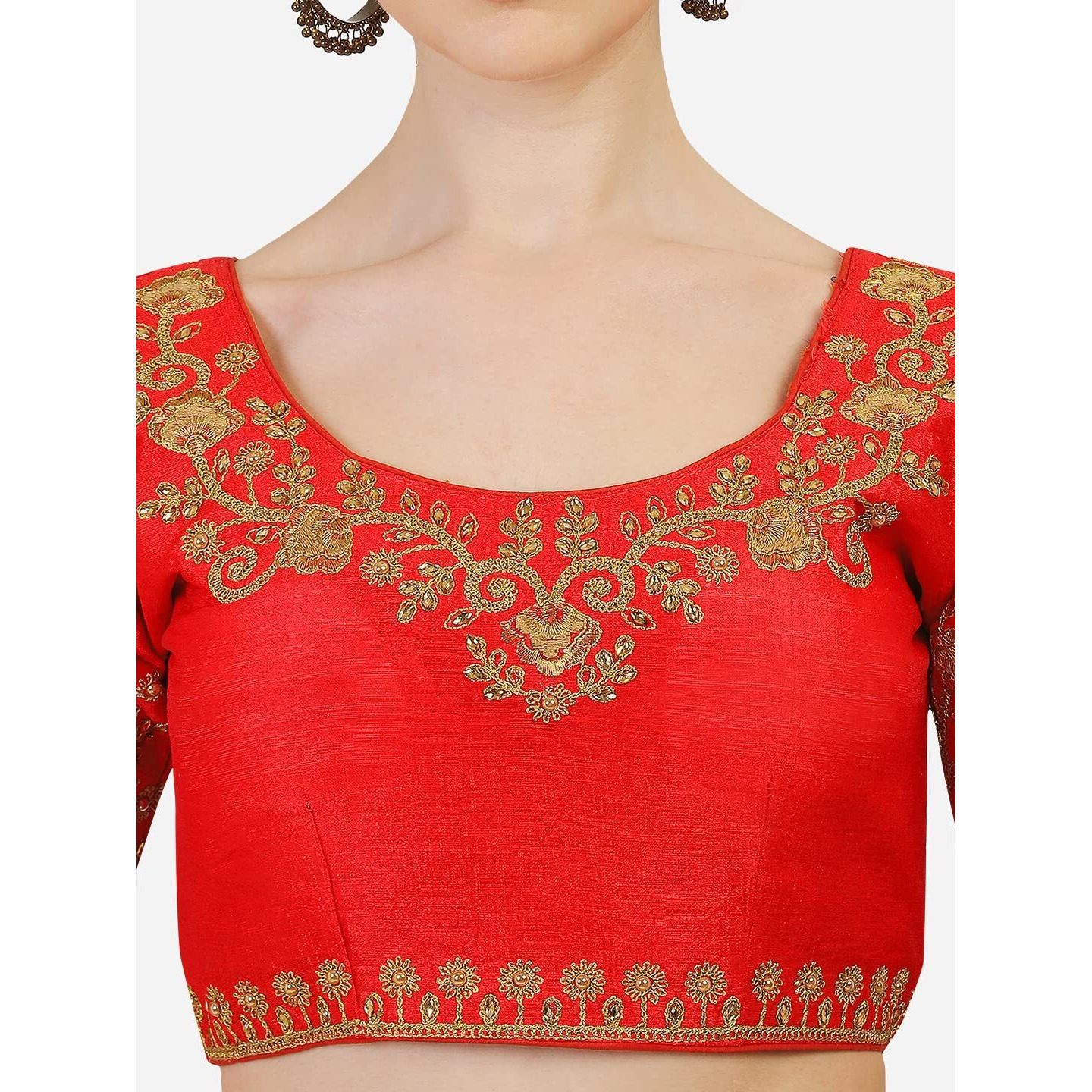 Pujia Mills Women's Phantom Silk Floral Half Sleeve Saree Blouse (Floral Blouse Variation_Red_38 Size+Margin)