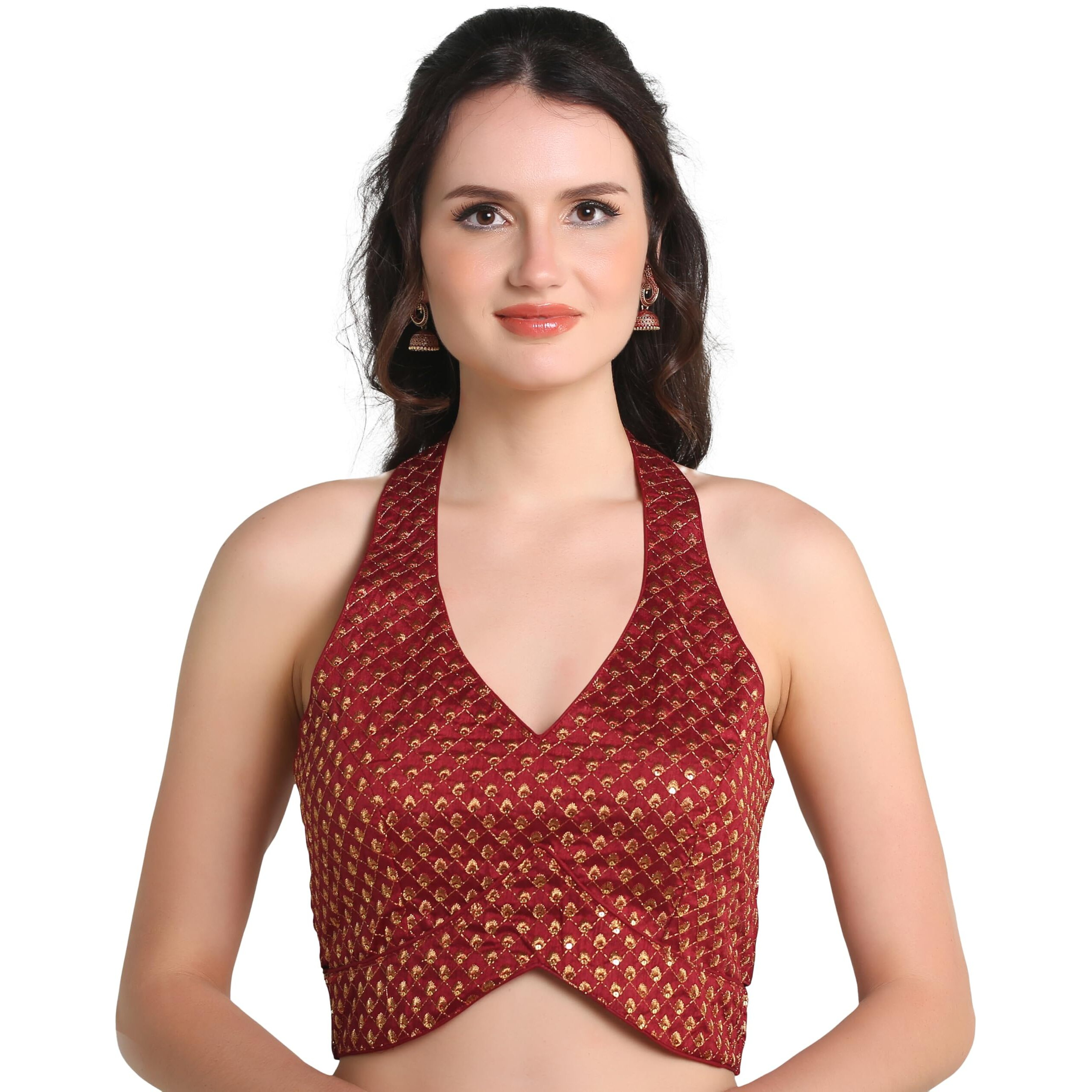 Pujia Mills Women's Embroidery Halter Neck Fancy Blouse For Skirt And Saree Simple Top 100 Blouses