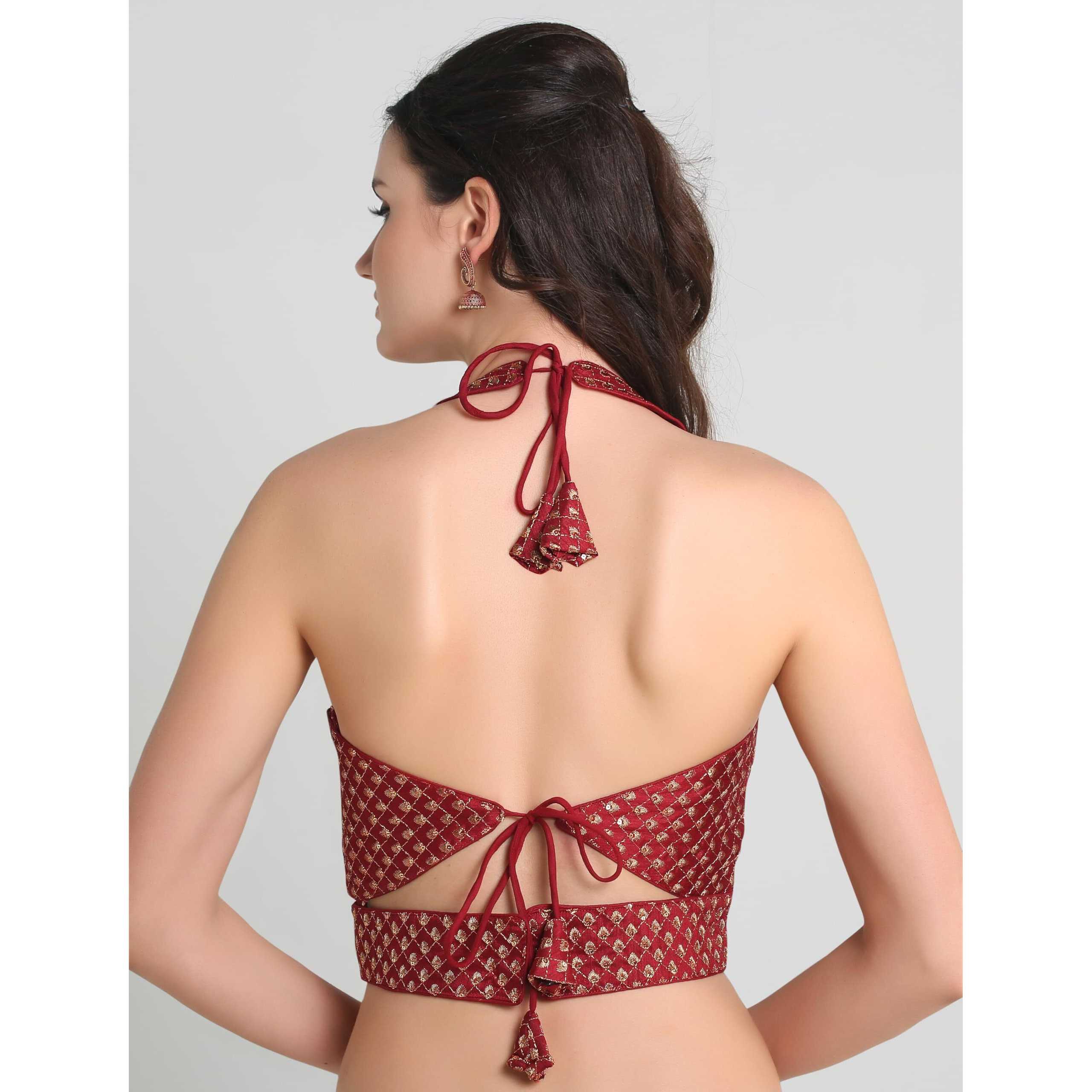 Pujia Mills Women's Embroidery Halter Neck Fancy Blouse For Skirt And Saree Simple Top 100 Blouses