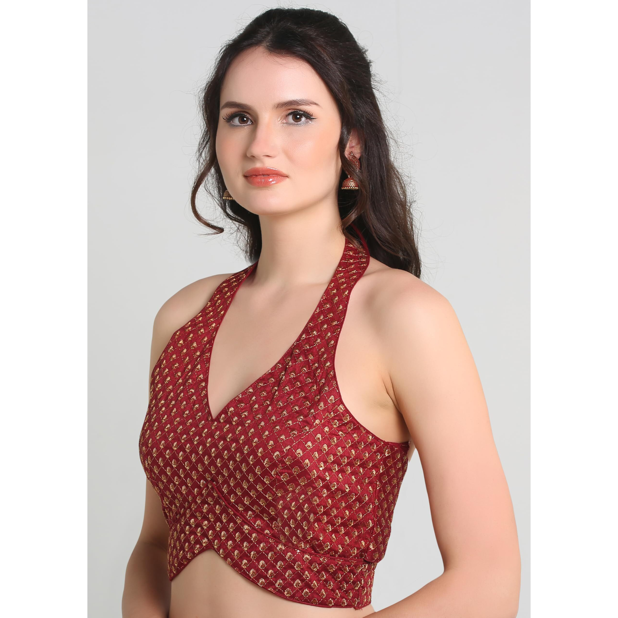 Pujia Mills Women's Embroidery Halter Neck Fancy Blouse For Skirt And Saree Simple Top 100 Blouses
