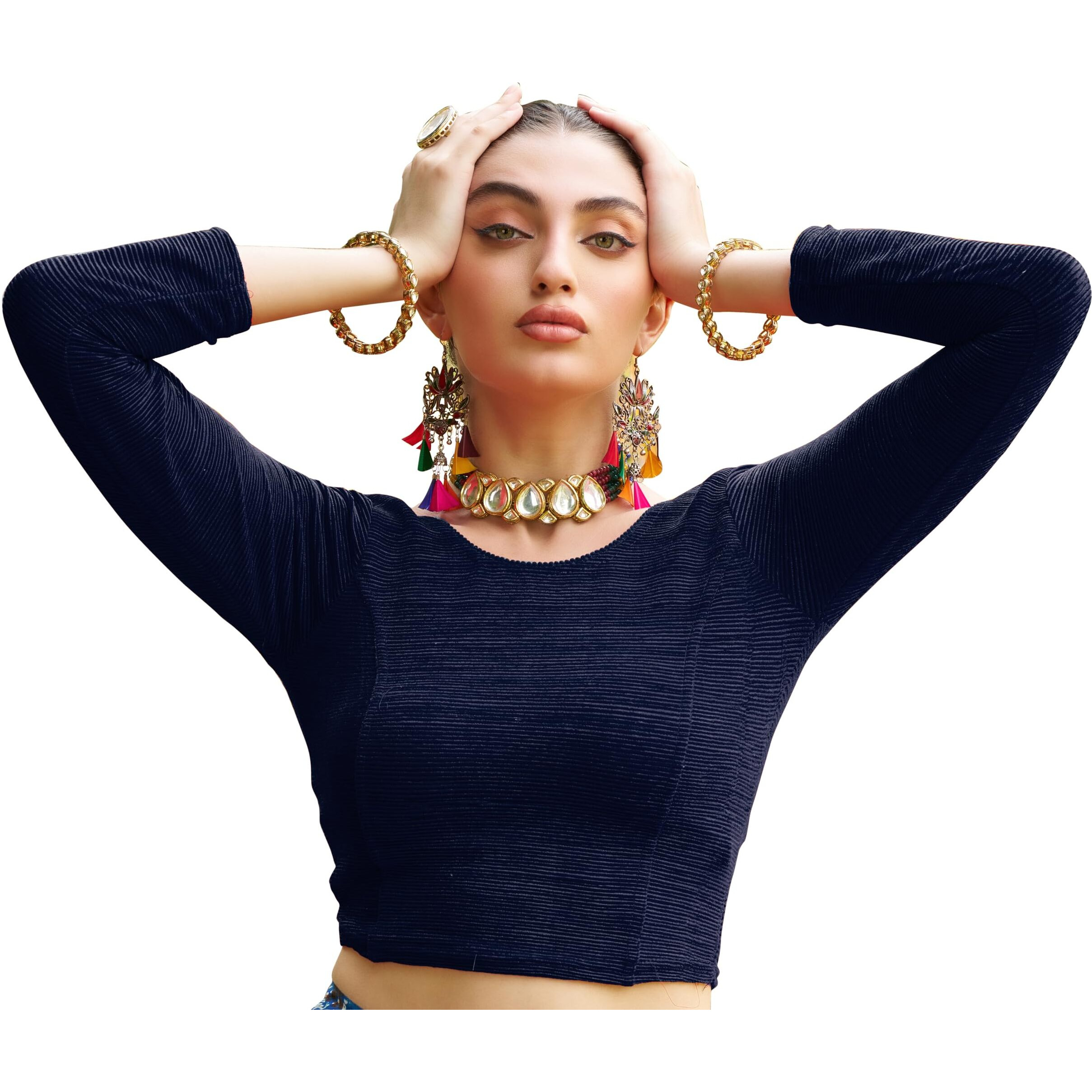 Pujia Mills Blouse Readymade Black Color 3/4 Sleeve Blouses For Women Readymade Stylish Blouse For Women Stretchable Imported Velvet Fabric (Navy Blue, Xl)