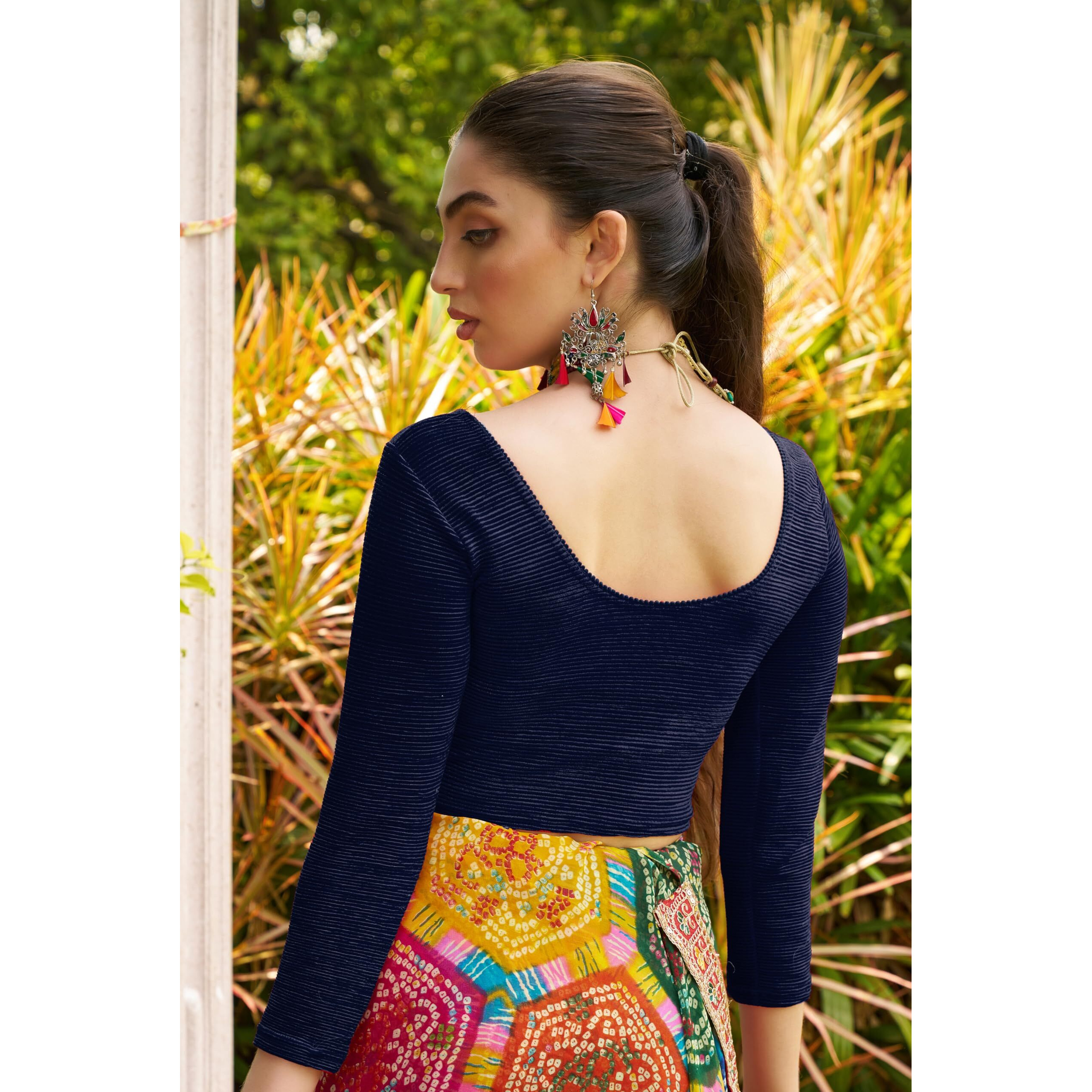 Pujia Mills Blouse Readymade Black Color 3/4 Sleeve Blouses For Women Readymade Stylish Blouse For Women Stretchable Imported Velvet Fabric (Navy Blue, Xl)