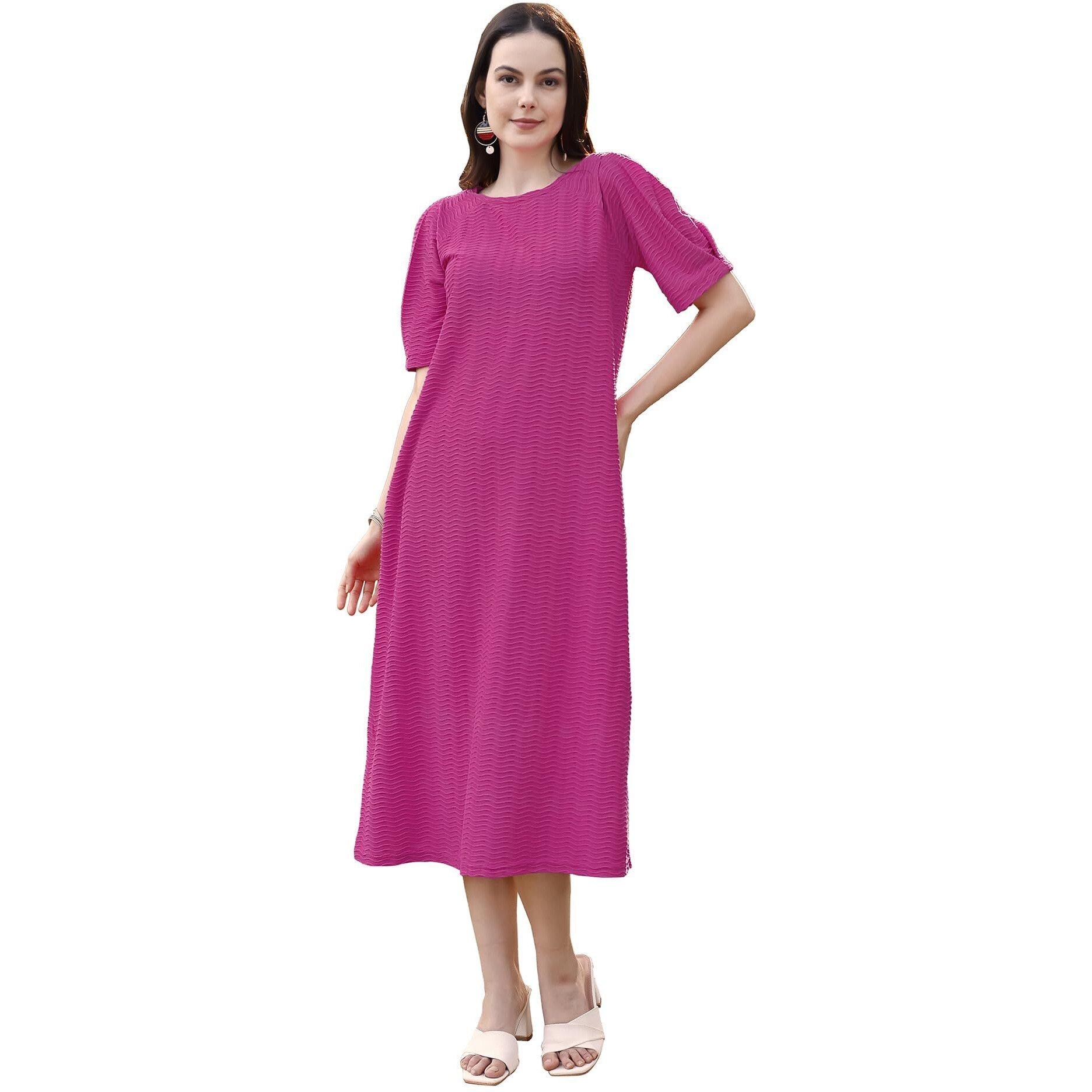 Purvaja Womens A-Line Below Knee Length Dress (Yuvi-012-Pink_Pink_Small)