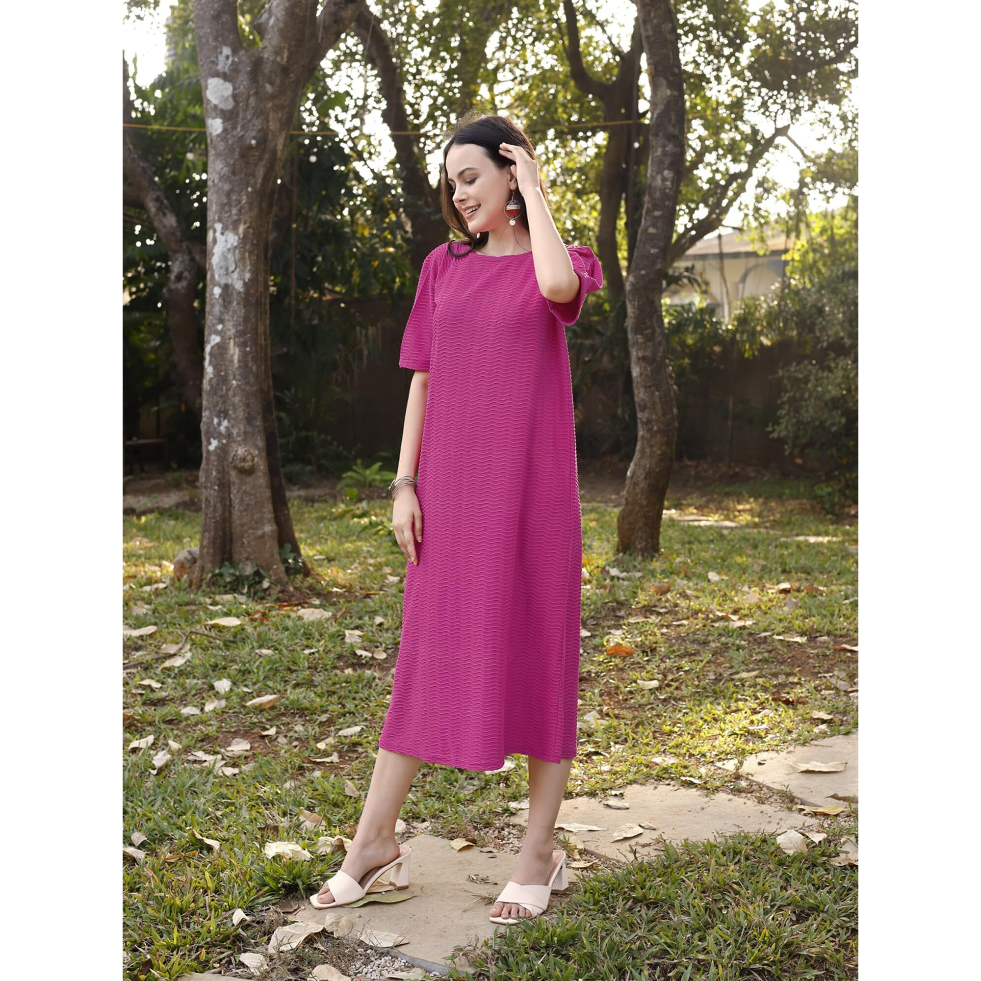 Purvaja Womens A-Line Below Knee Length Dress (Yuvi-012-Pink_Pink_Small)