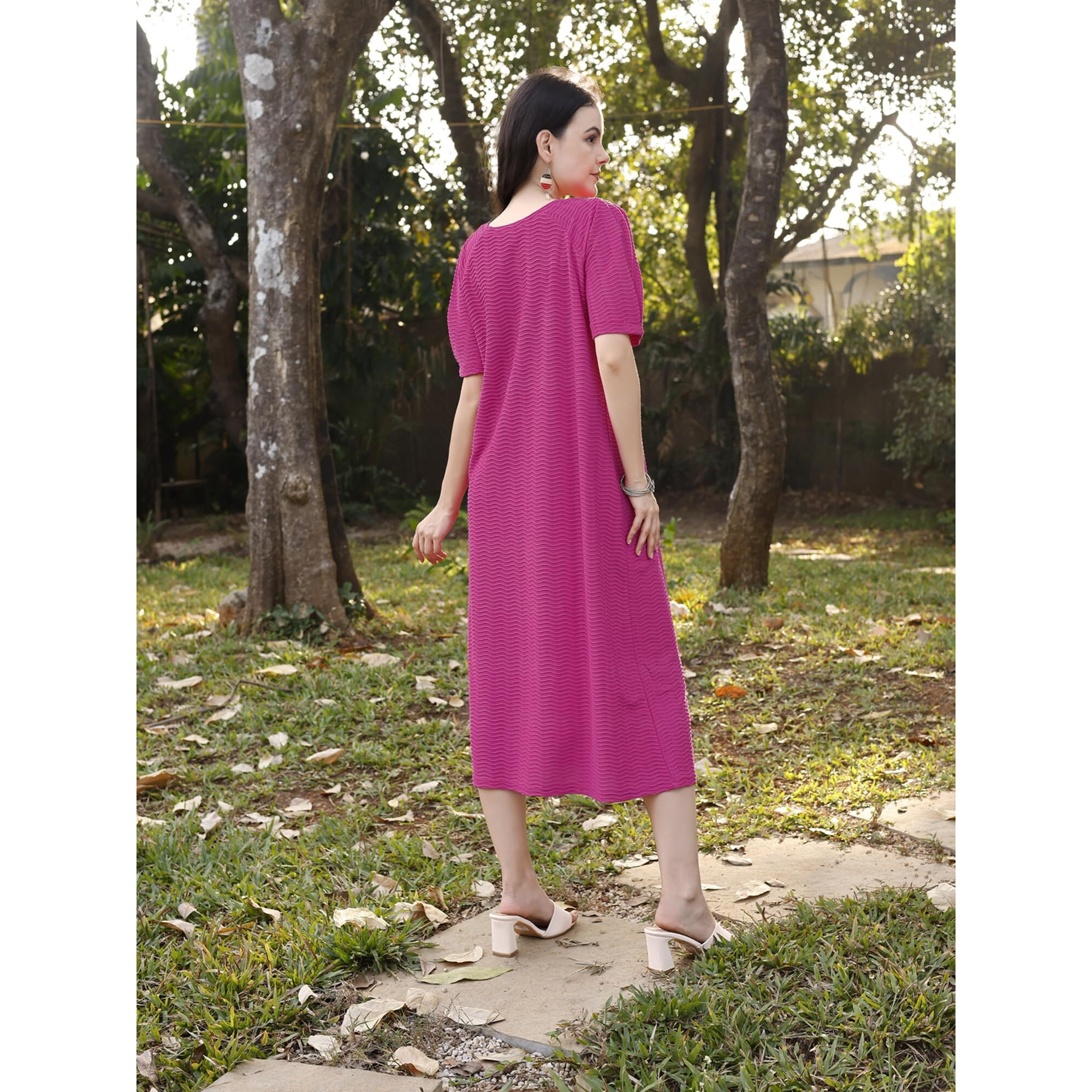 Purvaja Womens A-Line Below Knee Length Dress (Yuvi-012-Pink_Pink_Small)