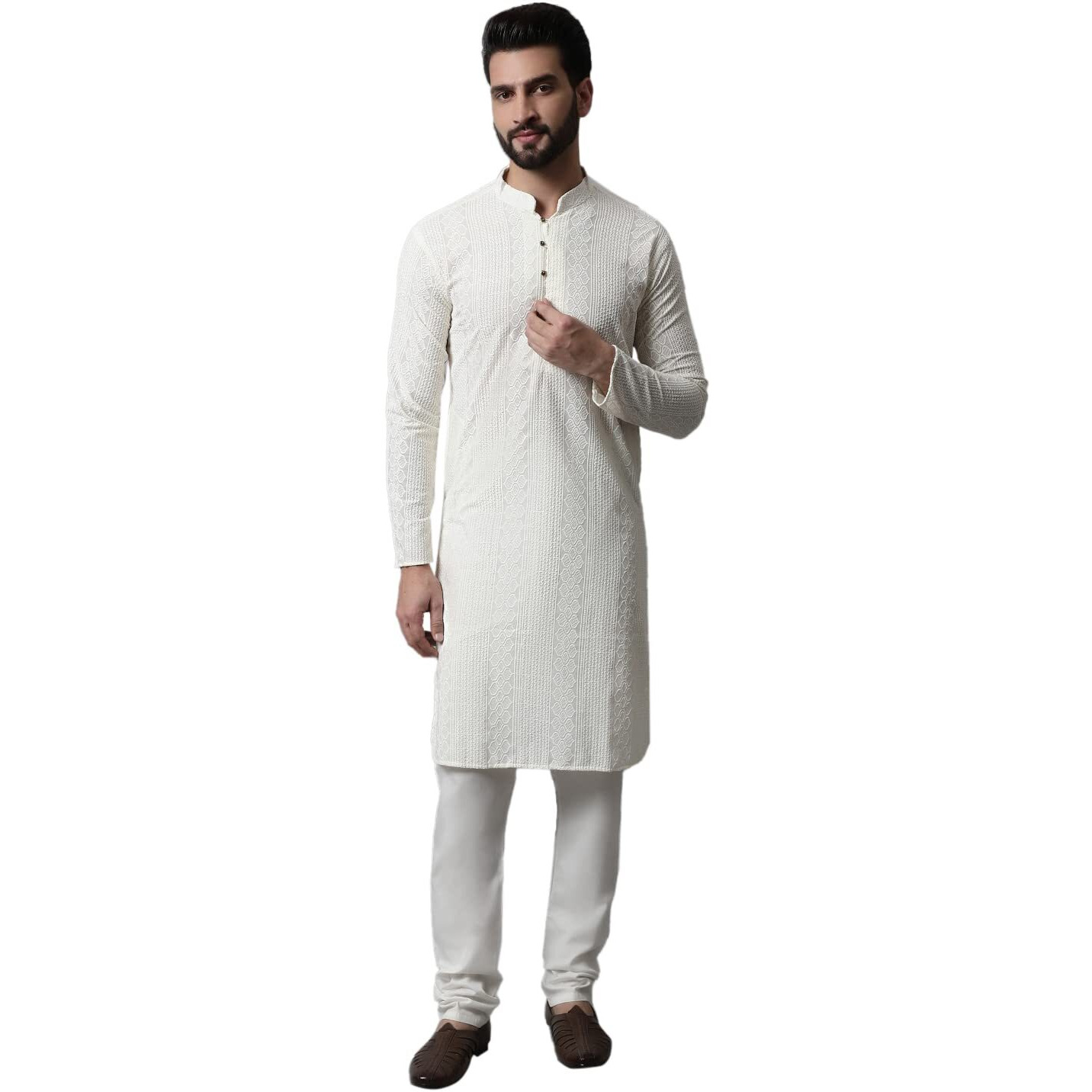 Jompers Men Cream Embroidered Pure Cotton Kurta With Pyjamas (Cream, Xl)