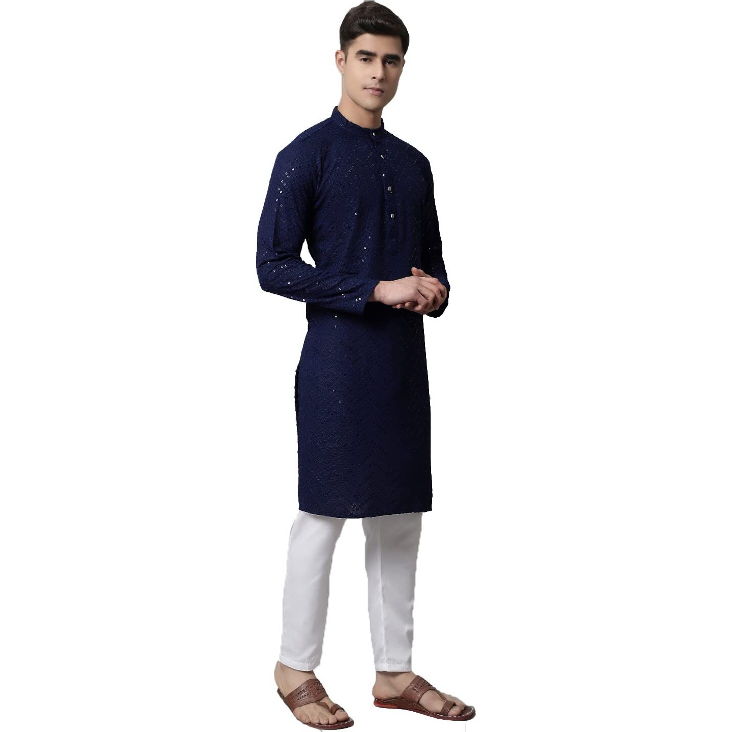 Jompers Men Embroidered Sequinned Kurta With Churidar (Navy, Xxl)