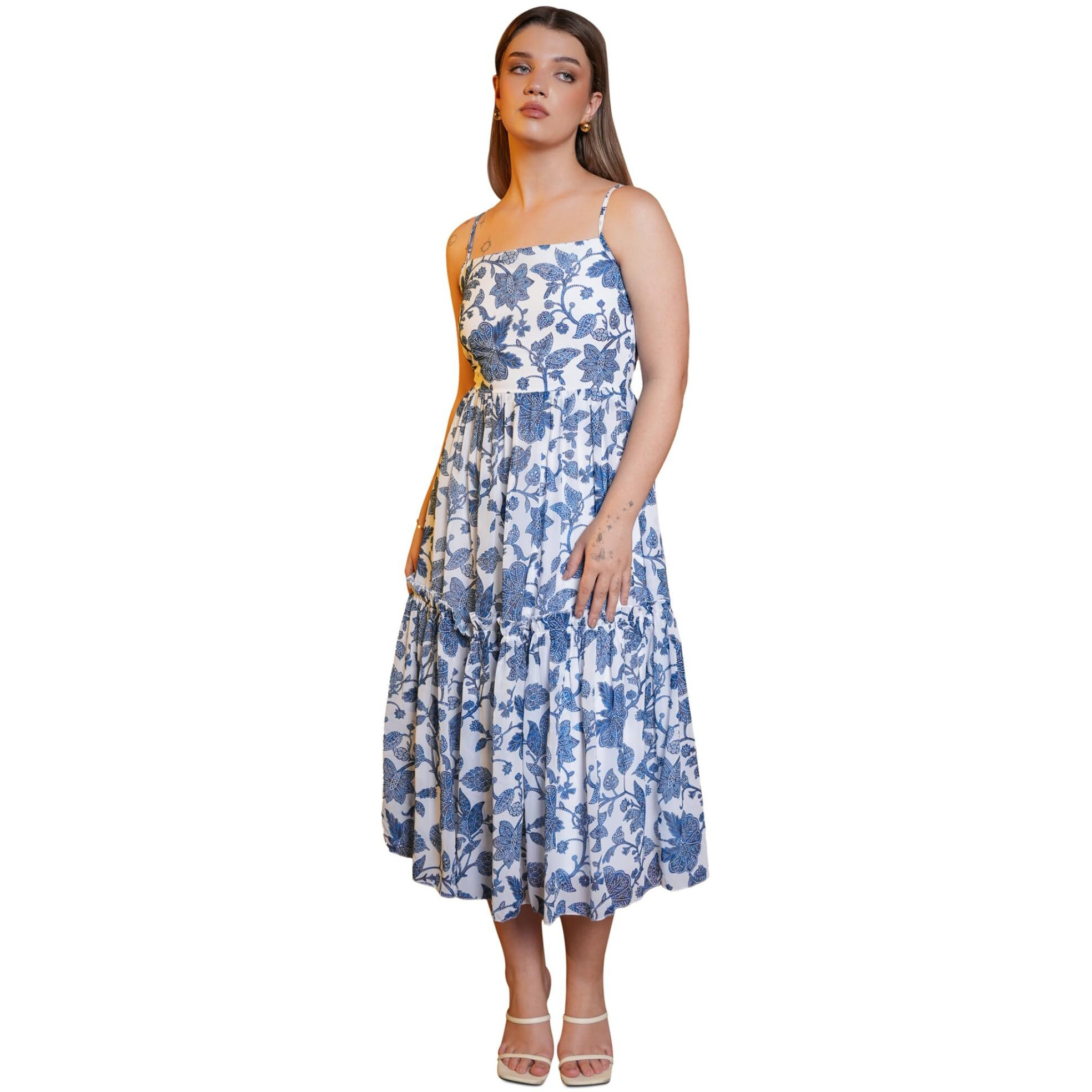 Purvaja Womens Fit & Flare Below Knee Length Dress (Floe-004_Blue_Large)