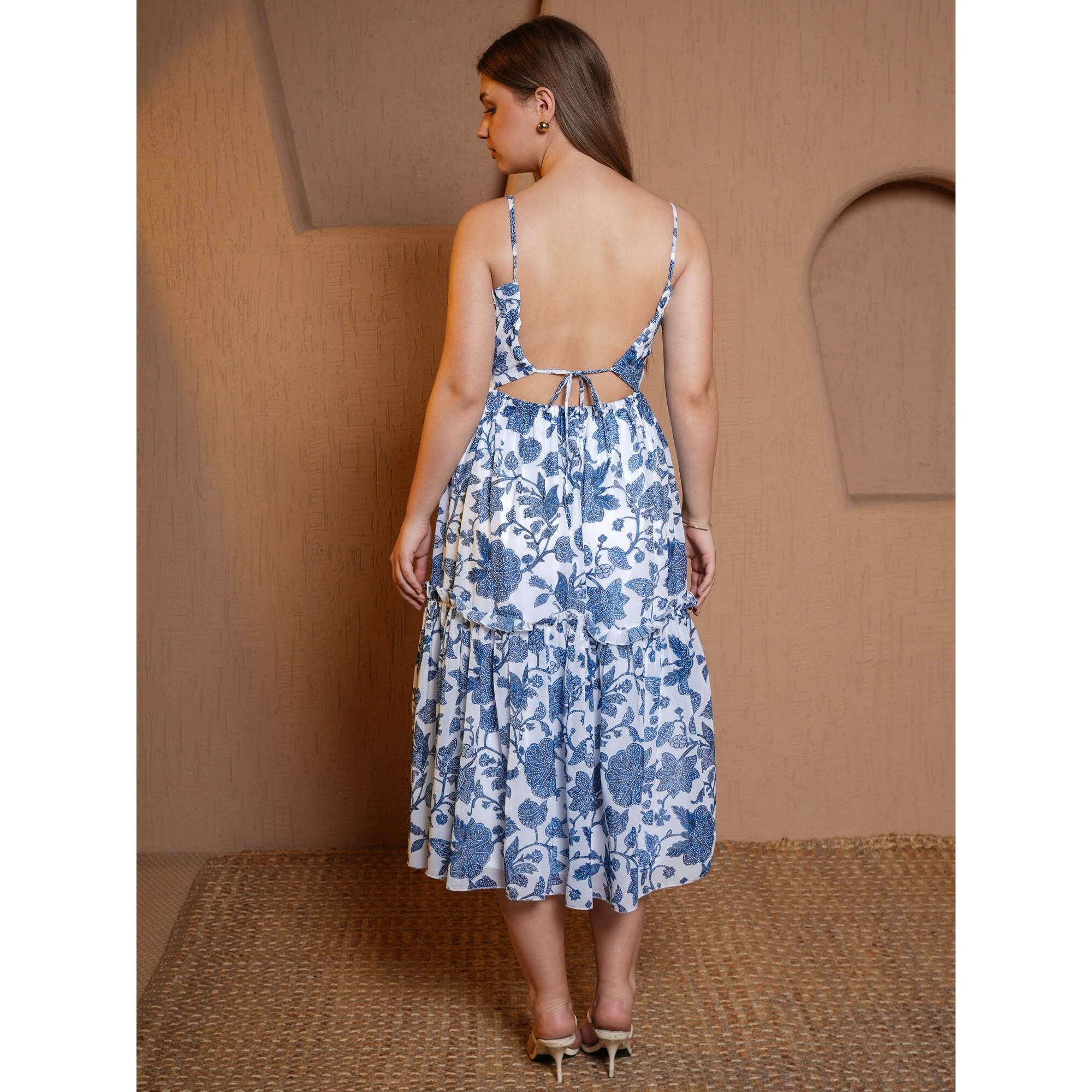 Purvaja Womens Fit & Flare Below Knee Length Dress (Floe-004_Blue_Large)