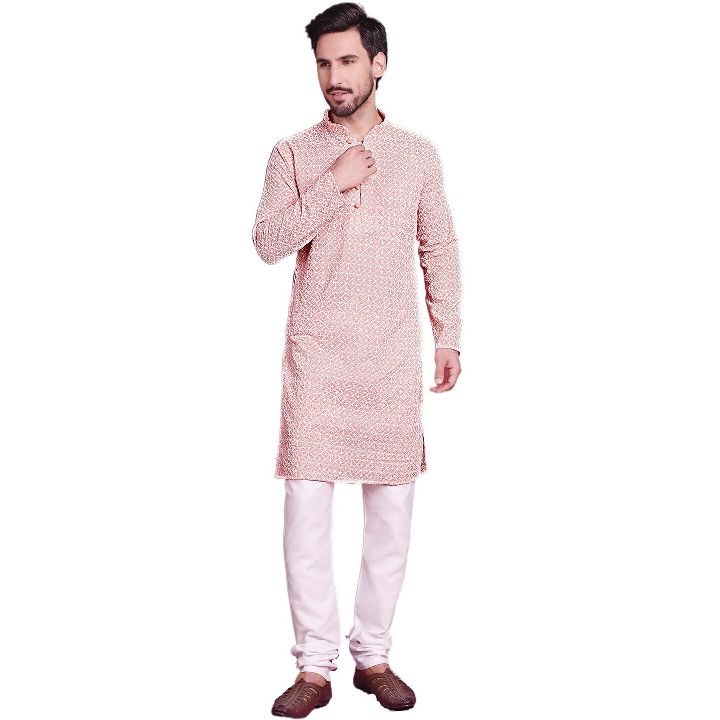 Jompers Men's Orange & White Embroidered Straight Kurta Pyjama Set. (Orange, S)