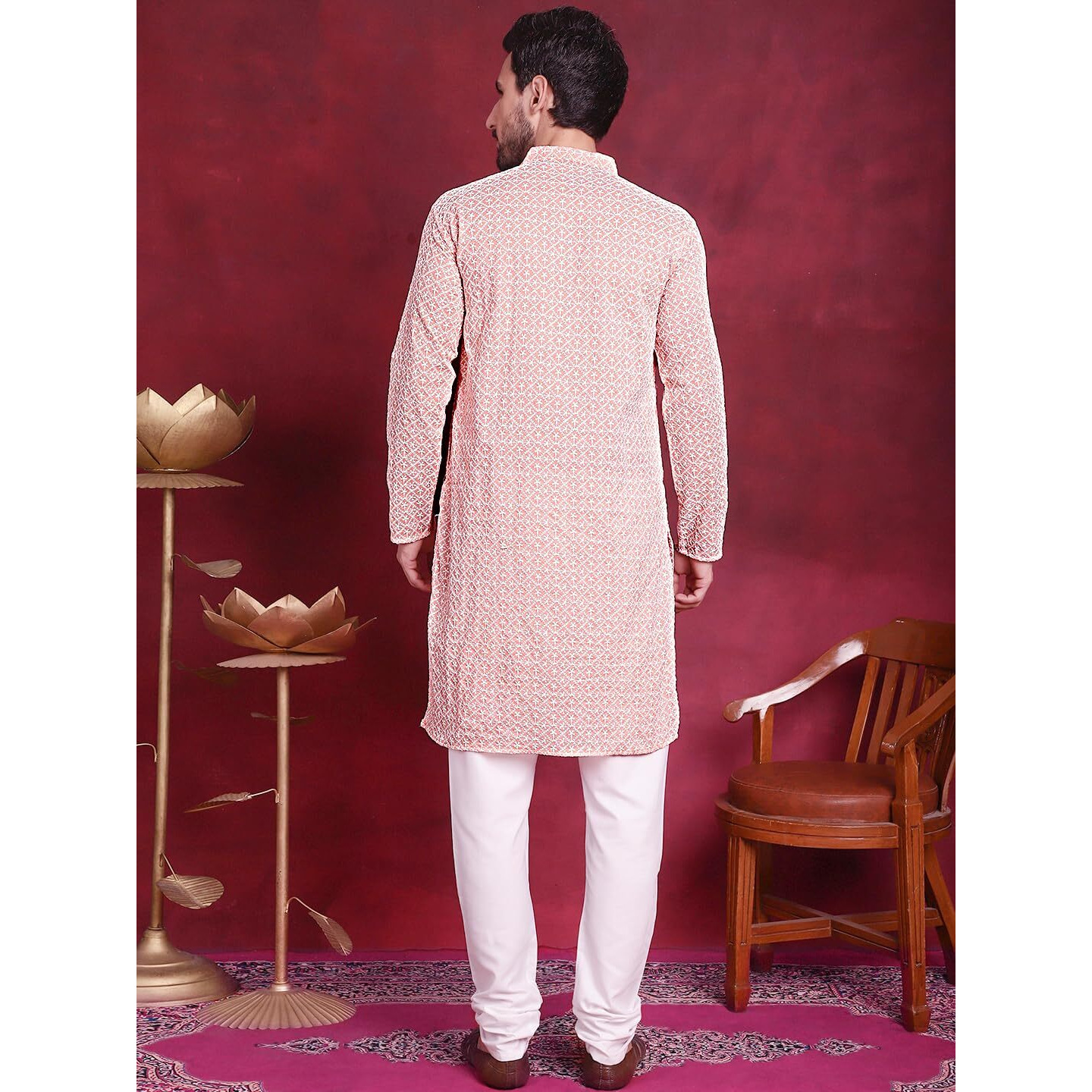 Jompers Men's Orange & White Embroidered Straight Kurta Pyjama Set. (Orange, S)