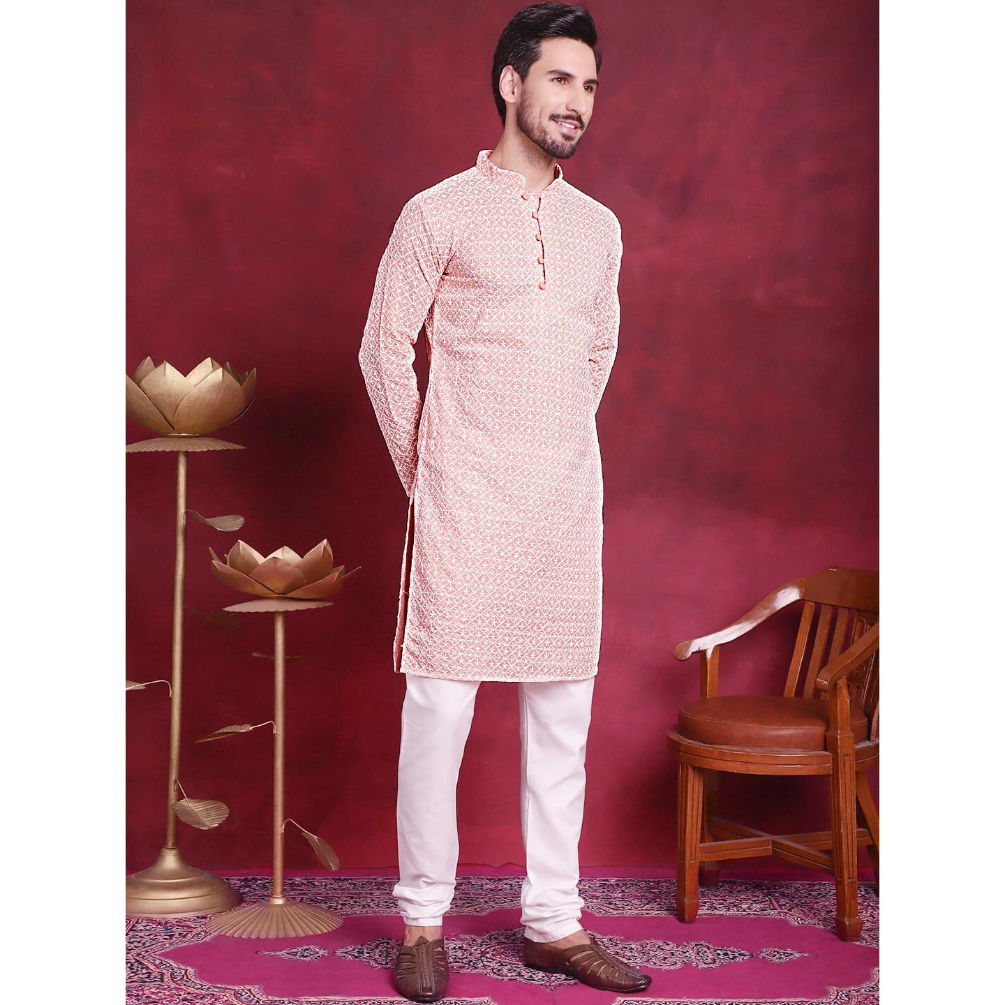 Jompers Men's Orange & White Embroidered Straight Kurta Pyjama Set. (Orange, S)