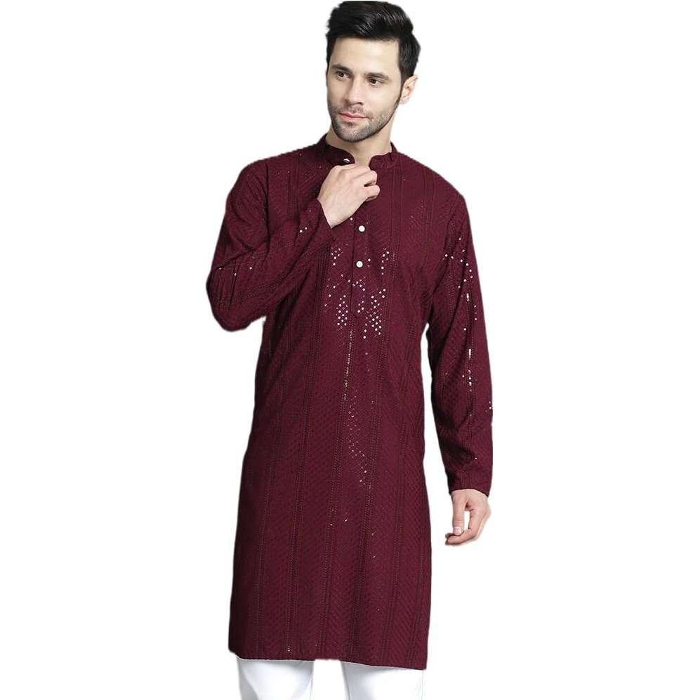 Jompers Men's Sequins Chikankari Embroidered Kurtas (Purple, S)