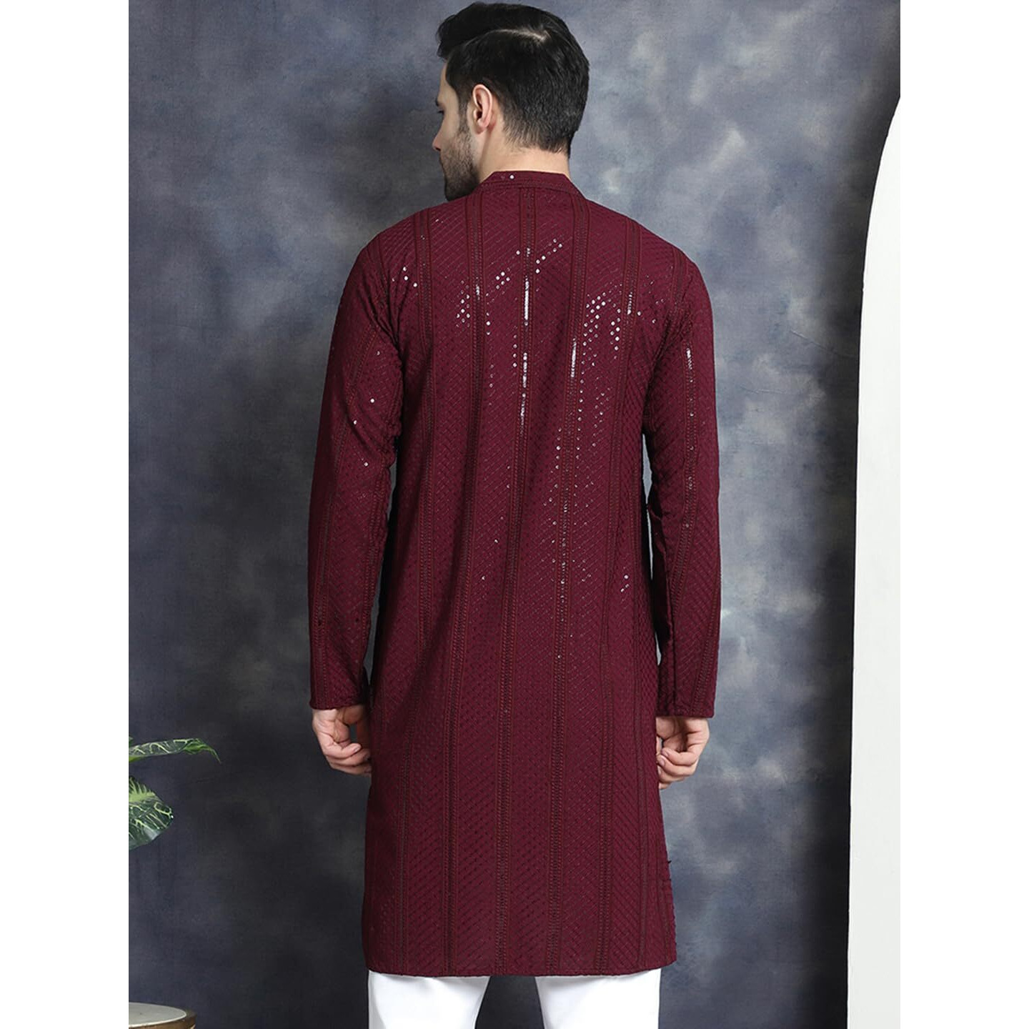 Jompers Men's Sequins Chikankari Embroidered Kurtas (Purple, S)