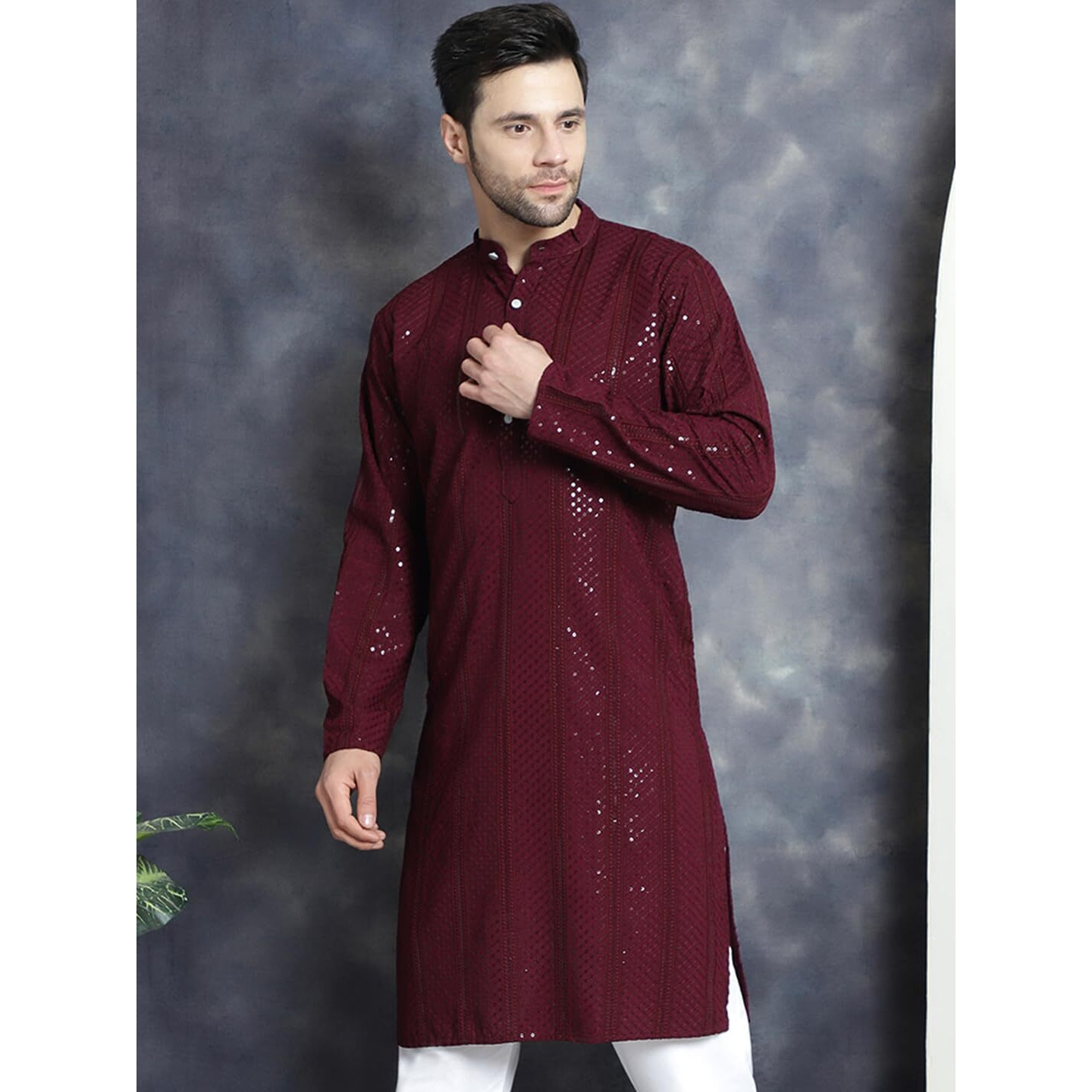 Jompers Men's Sequins Chikankari Embroidered Kurtas (Purple, S)