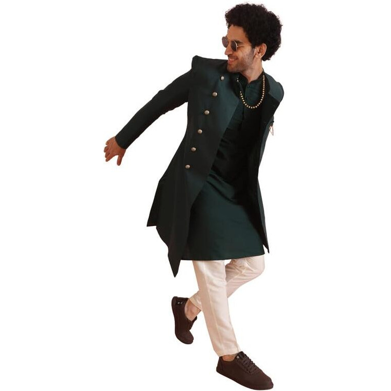Kisah Men's Kurta Indo-Western Sherwani Trouser Set, Green Cotton Blend, Solid Dyed Regular Fit Mandarin Collar Long Sleeves, 40