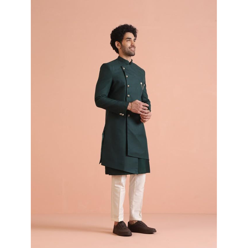 Kisah Men's Kurta Indo-Western Sherwani Trouser Set, Green Cotton Blend, Solid Dyed Regular Fit Mandarin Collar Long Sleeves, 40